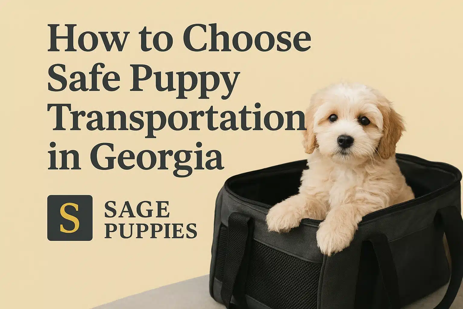 A fluffy, light-colored puppy sits in a black carrier bag, looking directly at the camera. The image features the text "How to Choose Safe Puppy Transportation in Georgia" and the Sage Puppies logo.