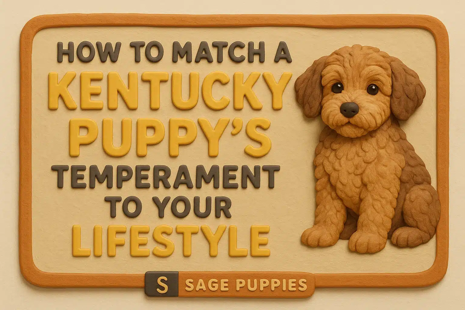 A cute, fluffy brown puppy sits next to the text "How to Match a Kentucky Puppy's Temperament to Your Lifestyle" on a textured, light-yellow background with a brown border. The Sage Puppies logo is at the bottom.