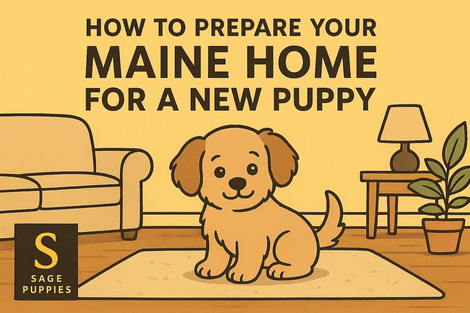 Illustration for "How to Prepare Your Maine Home for a New Puppy" blog post, showing a cute cartoon puppy sitting on a rug in a living room with a couch and a side table with a lamp and plant.