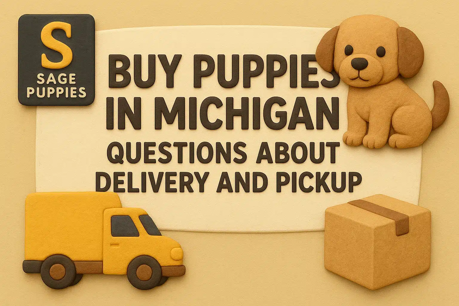 Claymation scene with text "BUY PUPPIES IN MICHIGAN QUESTIONS ABOUT DELIVERY AND PICKUP." Features a cute brown puppy, a yellow toy truck, and a brown cardboard box, all on a light tan background.