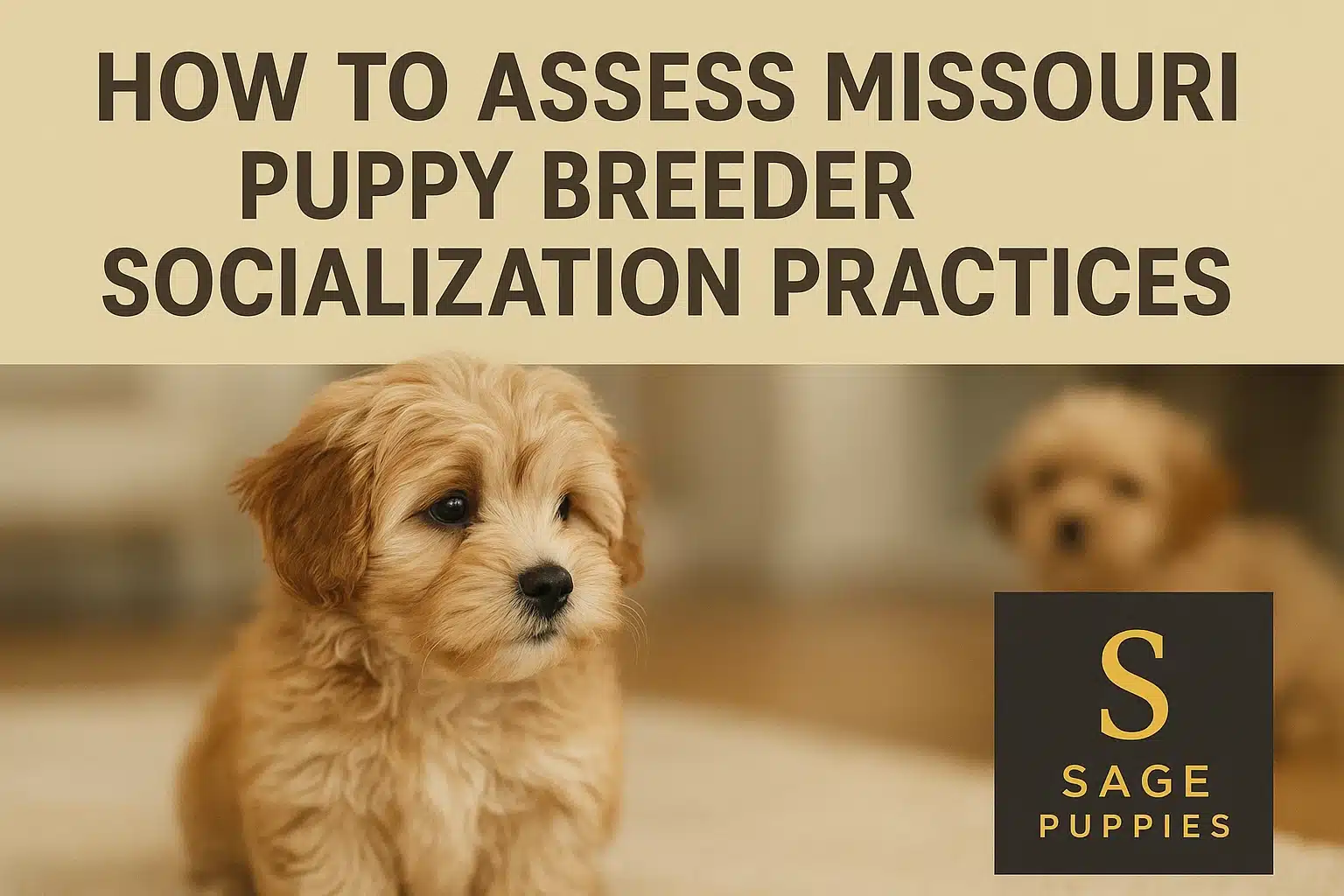 Close-up of a fluffy golden-brown puppy looking to the left, with "HOW TO ASSESS MISSOURI PUPPY BREEDER SOCIALIZATION PRACTICES" overlaid on a beige background. A blurred puppy and a "S SAGE PUPPIES" logo are in the background.