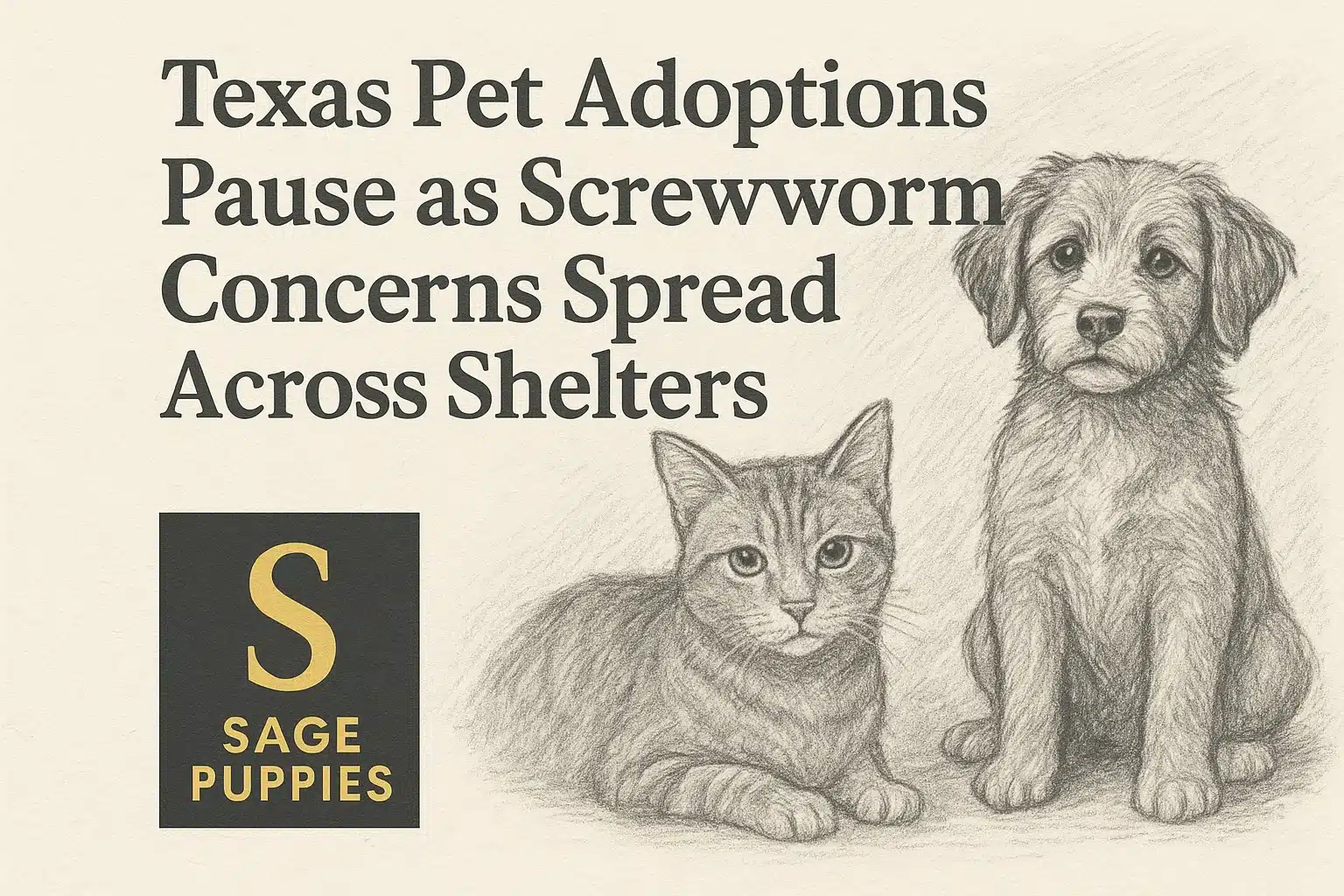 Pencil sketch of a cat and dog with the text "Texas Pet Adoptions Pause as Screwworm Concerns Spread Across Shelters" and "SAGE PUPPIES" on a textured background.