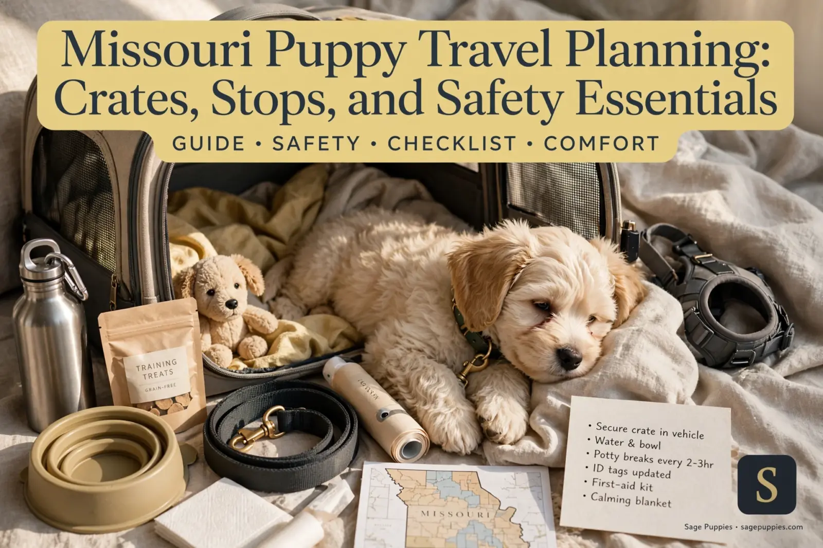 A fluffy golden puppy sleeps in a travel crate, surrounded by Missouri puppy travel essentials: a leash, water bowl, treats, and a safety checklist. The text "Missouri Puppy Travel Planning: Crates, Stops, and Safety Essentials" is visible.