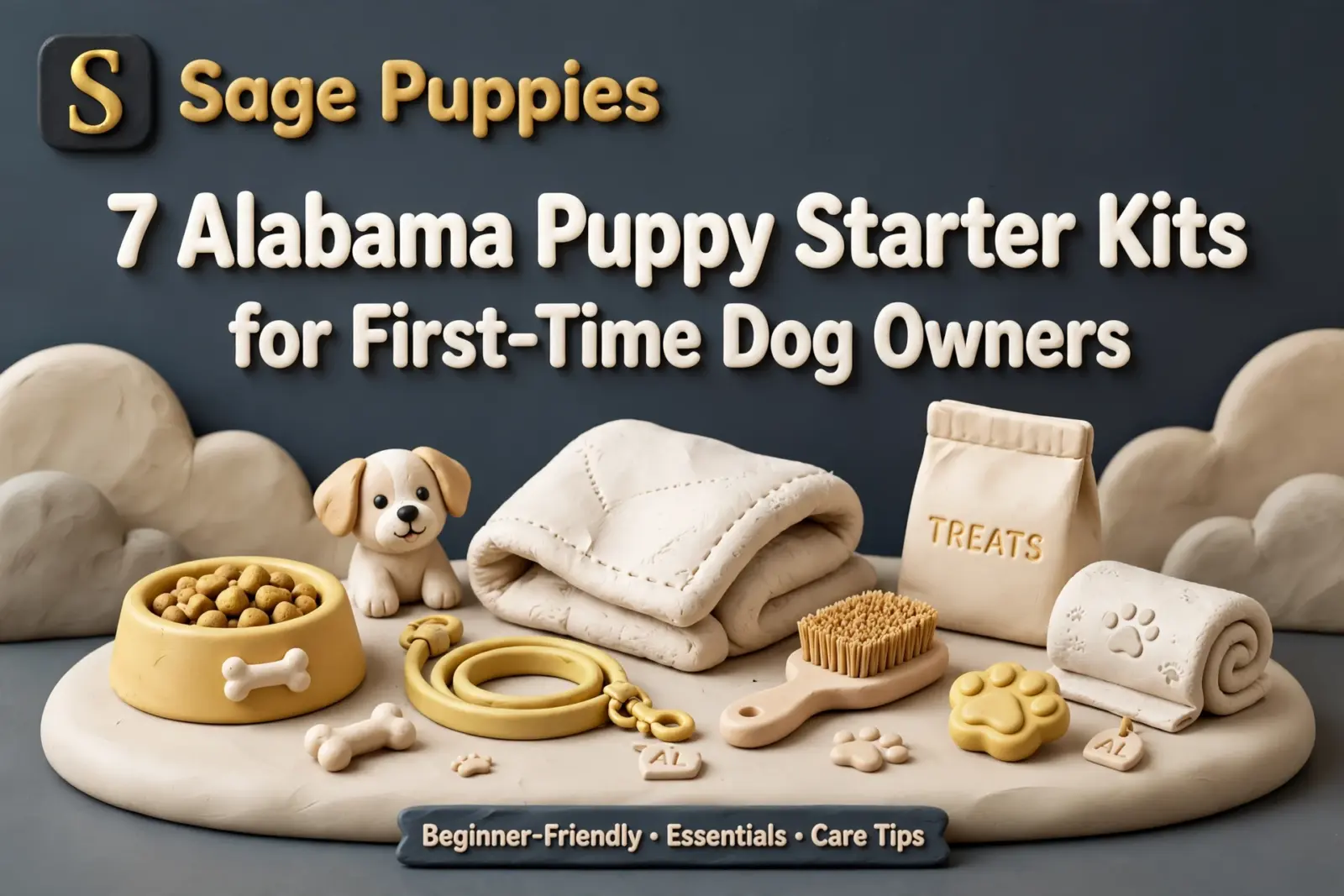 Claymation scene of an Alabama puppy starter kit for new dog owners, featuring a puppy figurine, food bowl, chew toys, blanket, and treat bag. Text reads: "Sage Puppies," "7 Alabama Puppy Starter Kits for First-Time Dog Owners," and "Beginner-Friendly Essentials Care Tips.