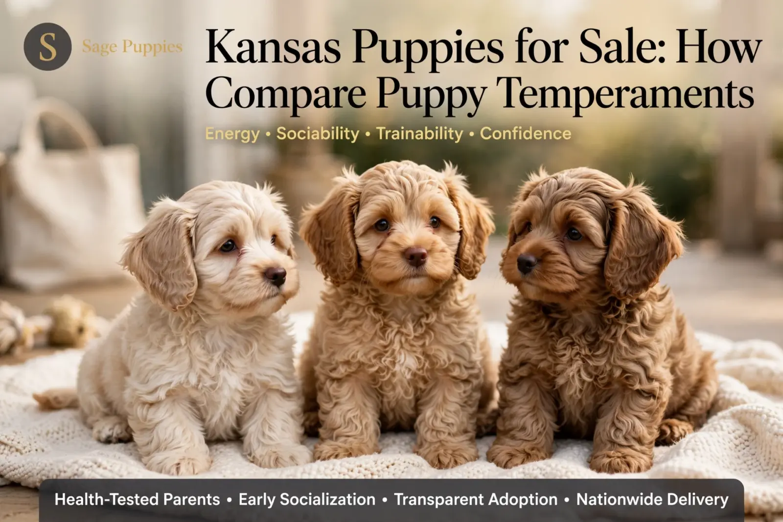 Three adorable, fluffy light brown puppies sit side-by-side on a cream blanket. Text overlay reads "Kansas Puppies for Sale: How to Compare Puppy Temperaments.