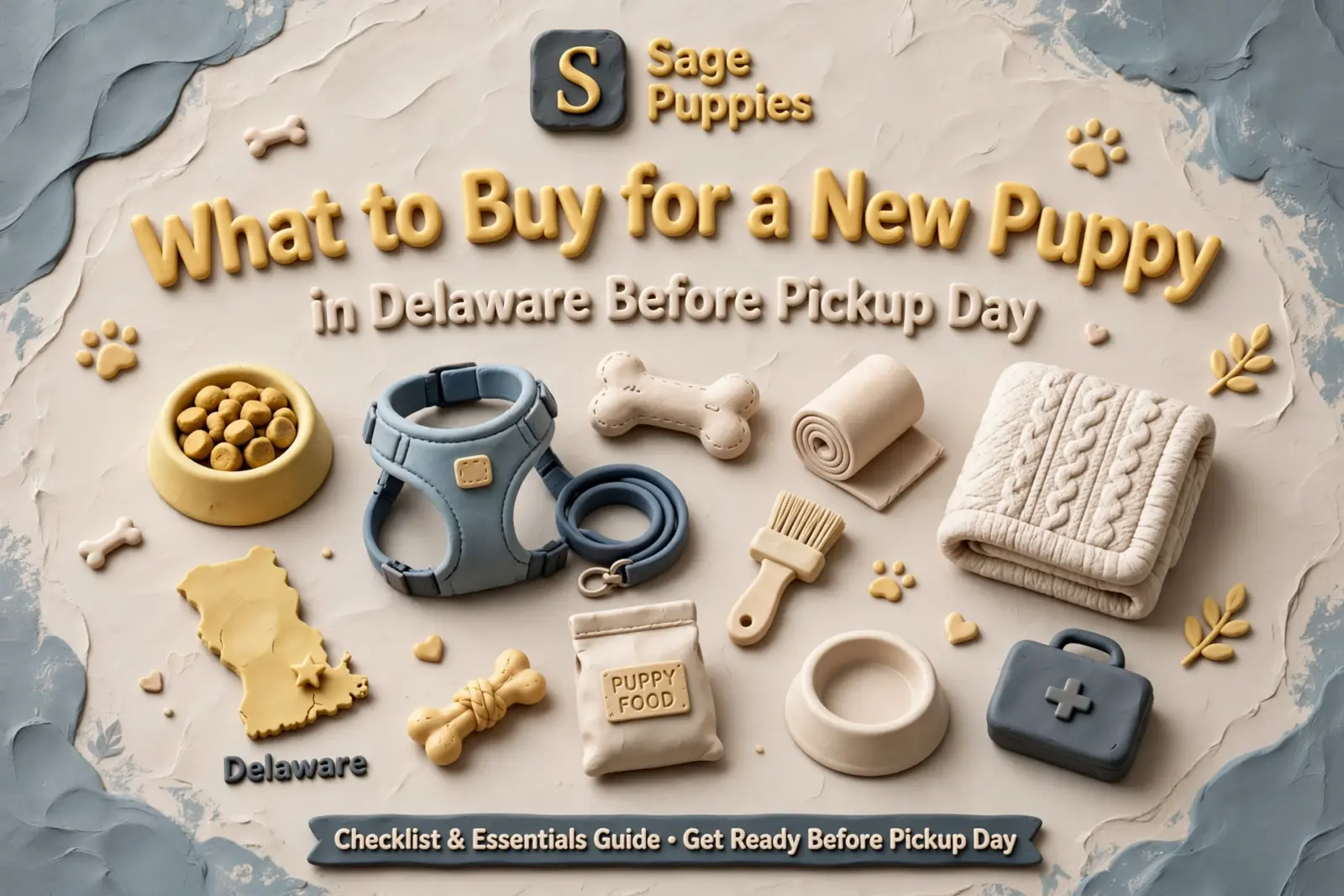 Claymation-style image showcasing essential items for a new puppy in Delaware, including a food bowl, harness, toys, blanket, and a "Puppy Food" bag. Text reads "What to Buy for a New Puppy in Delaware Before Pickup Day.