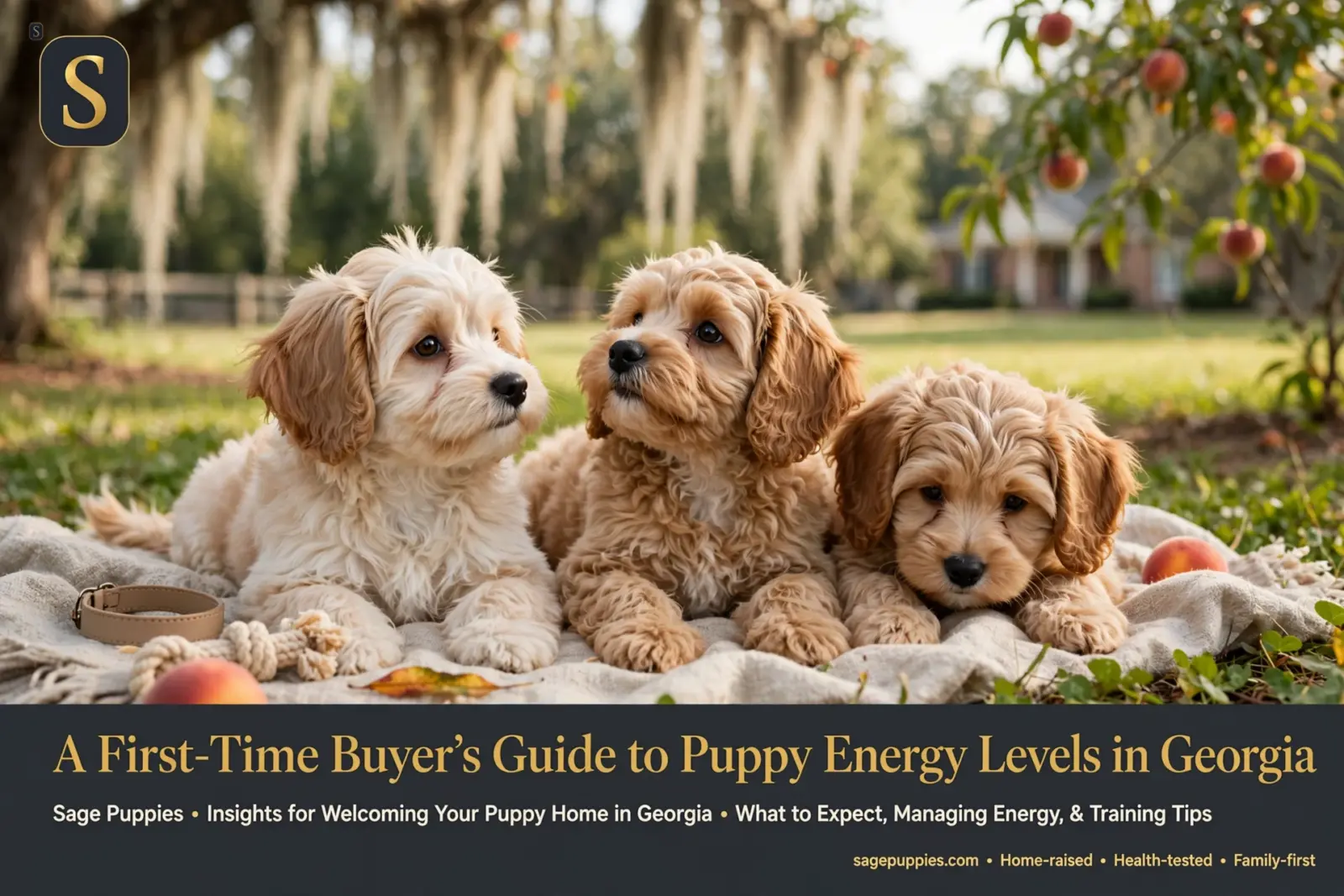 Three adorable, fluffy Sage Puppies with light brown and cream fur lie on a blanket outdoors in Georgia, looking curious and playful. The text "A First-Time Buyer's Guide to Puppy Energy Levels in Georgia" is overlaid.