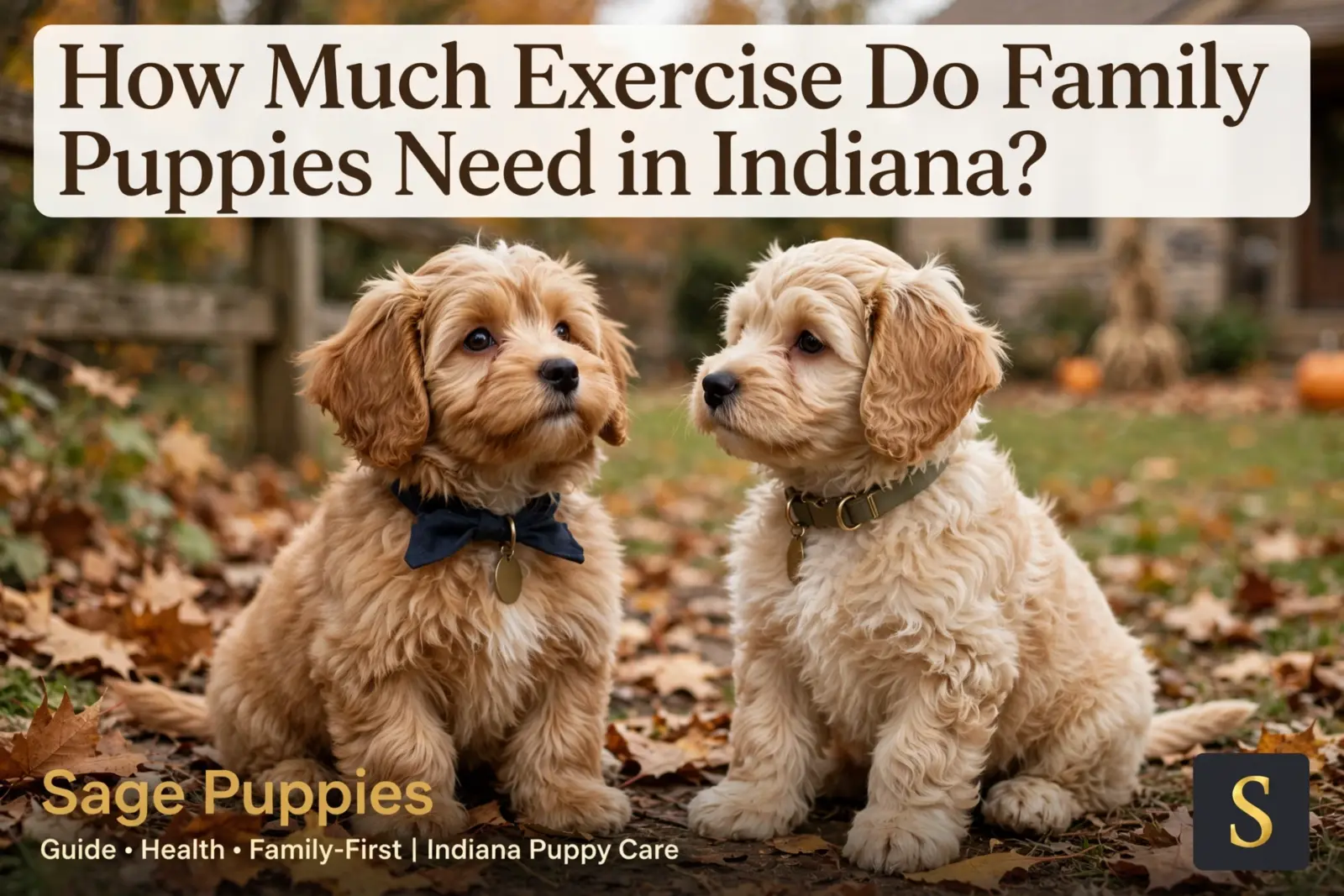 Two adorable, fluffy golden doodle puppies sit on fallen autumn leaves in Indiana. The puppy on the left wears a dark blue bow tie. The text "How Much Exercise Do Family Puppies Need in Indiana?" is overlaid.