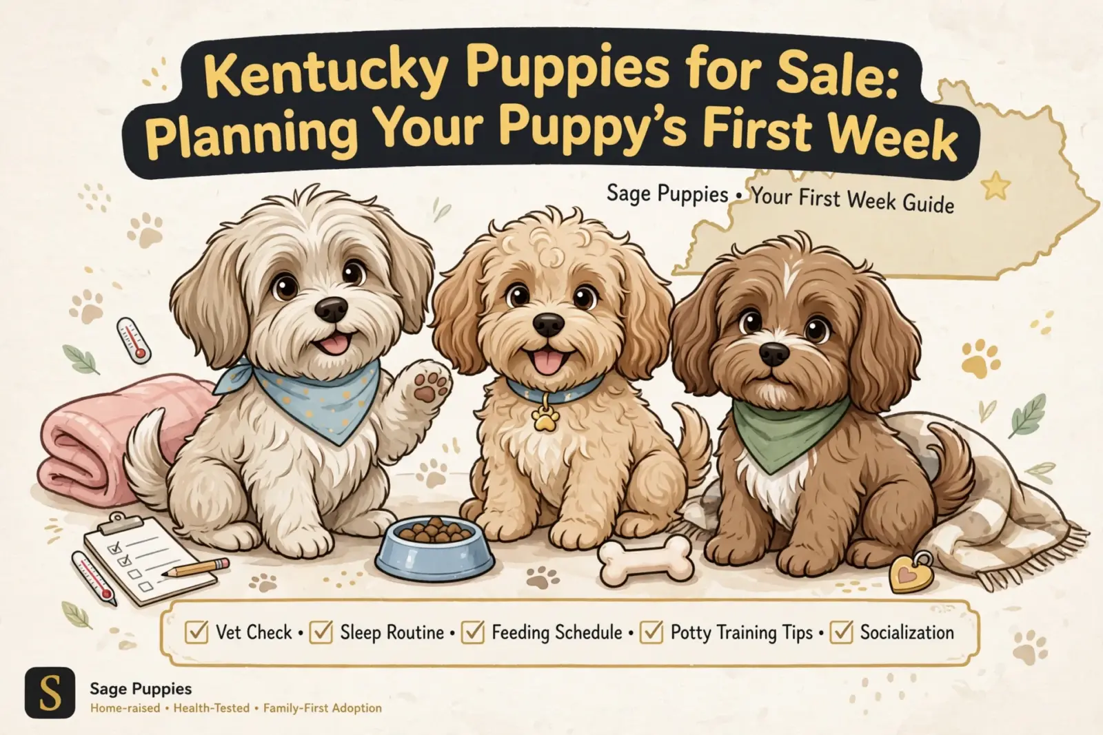 Three adorable, fluffy puppies, two light brown and one cream-colored, sit on a light background. The puppy on the left wears a blue bandana, the middle wears a blue collar, and the right wears a green bandana. Text overlay reads "Kentucky Puppies for Sale: Planning Your Puppy's First Week" and "Sage Puppies - Your First Week Guide".
