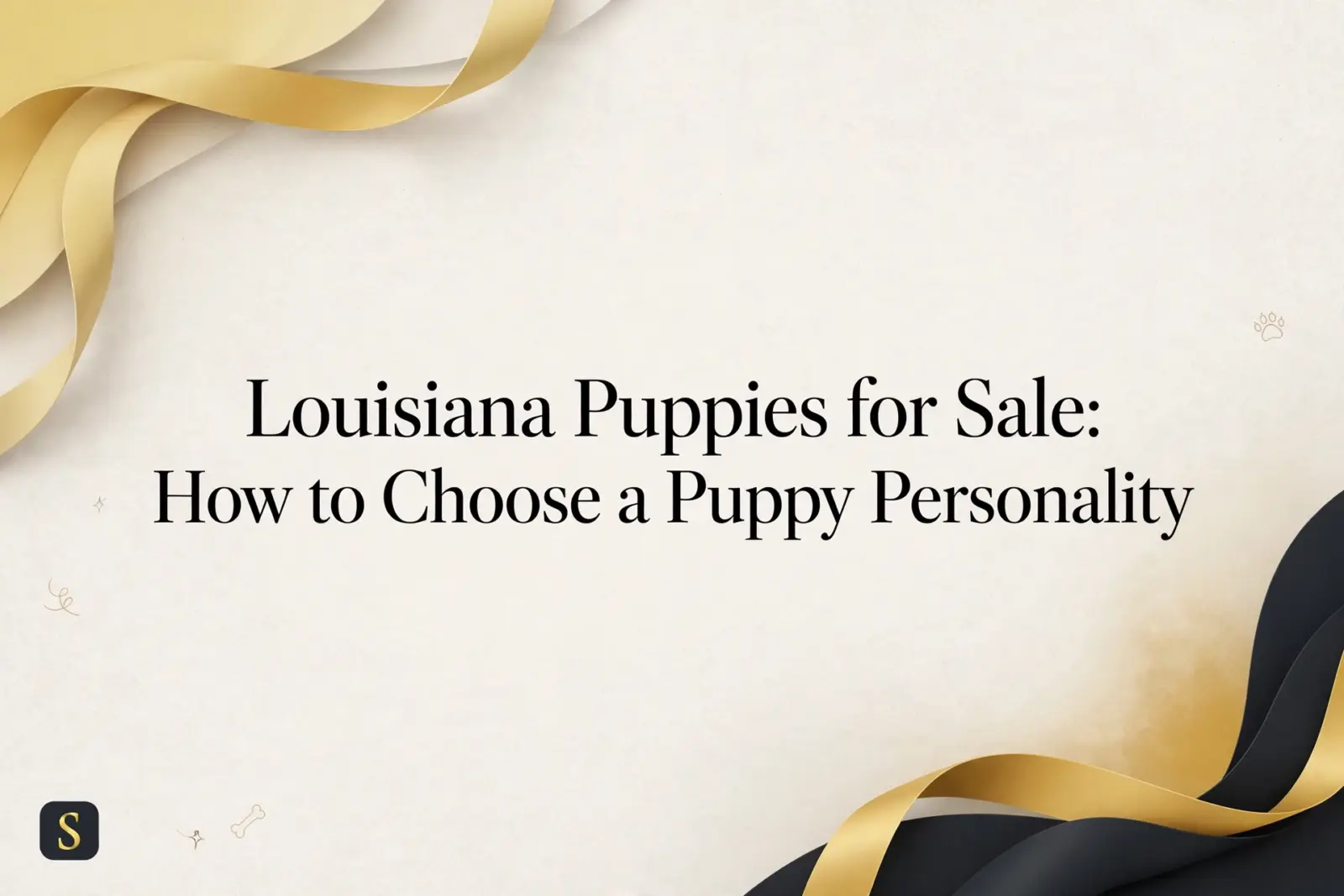 Title graphic for "Louisiana Puppies for Sale: How to Choose a Puppy Personality" with elegant gold and black ribbon accents on a textured cream background.