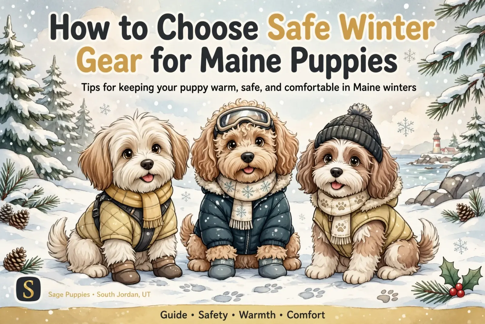 Three adorable puppies dressed in safe winter gear, including coats, scarves, and hats, sit in a snowy Maine landscape. The image promotes tips for keeping Maine puppies warm and comfortable in winter.
