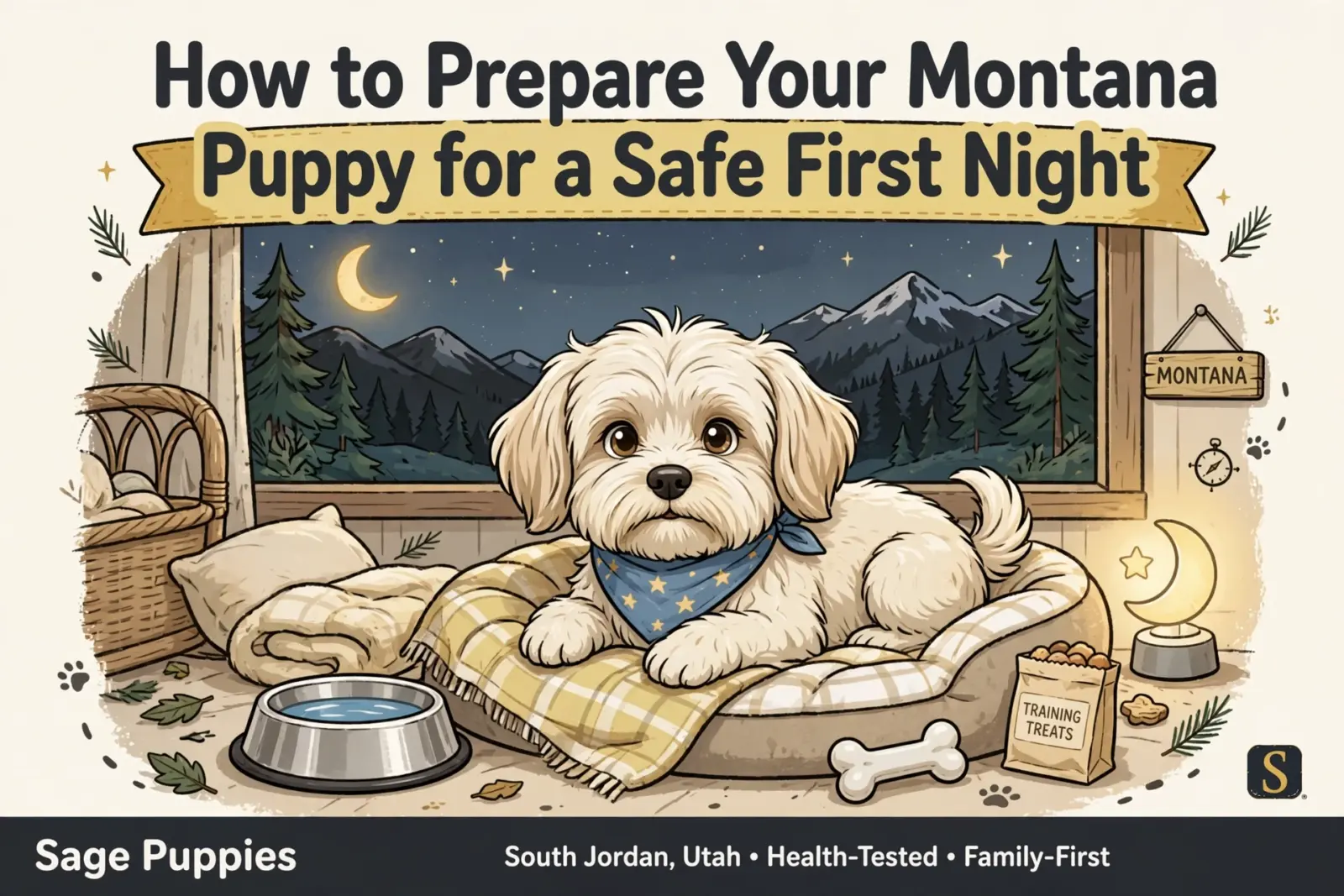 A fluffy white puppy with a blue bandana rests in a cozy dog bed, ready for its first night. The scene includes a water bowl, treats, and a Montana mountain landscape visible through a window.