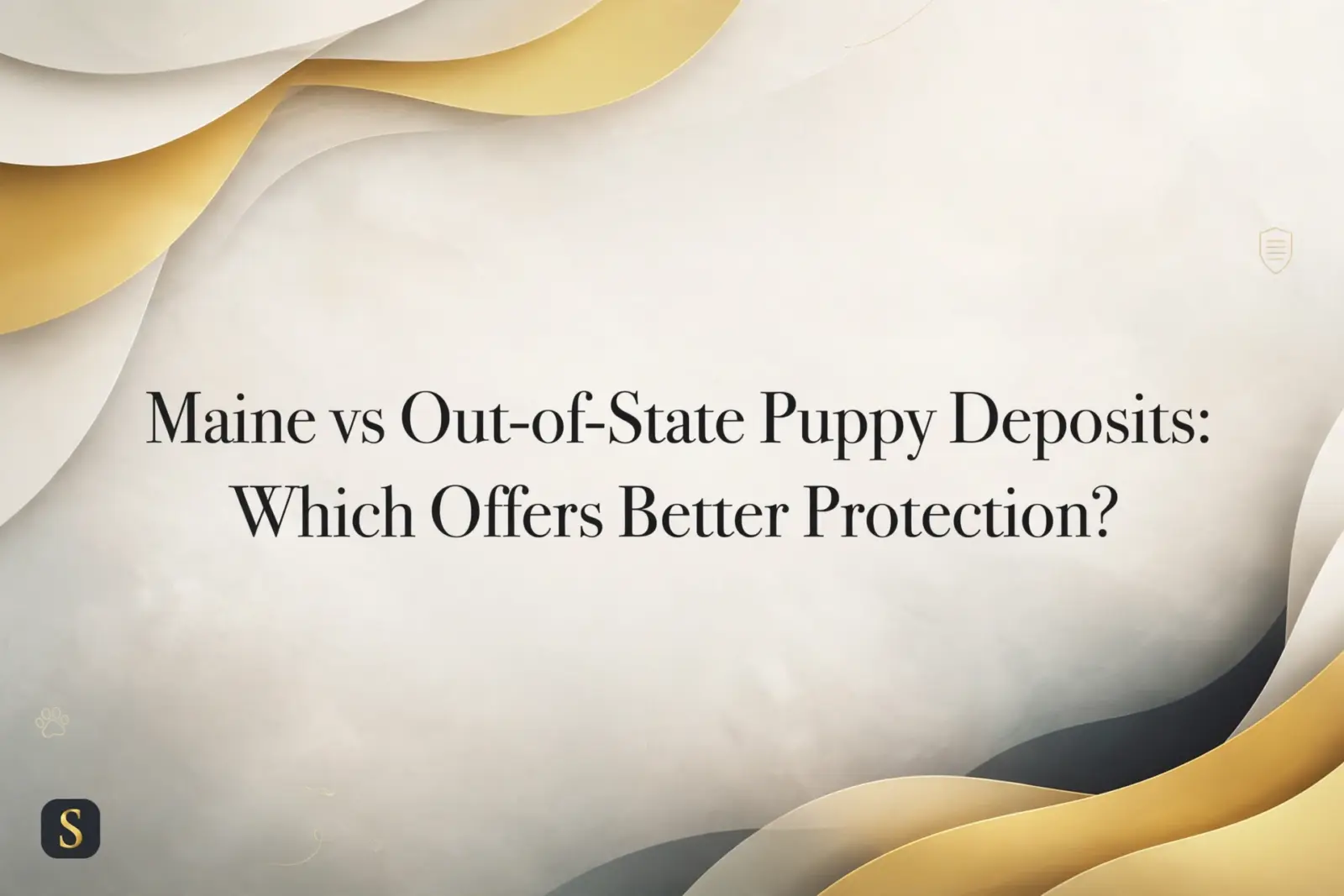 Text overlay on a soft, abstract background with flowing gold and cream waves: "Maine vs Out-of-State Puppy Deposits: Which Offers Better Protection?". Paw print icon in the lower left.