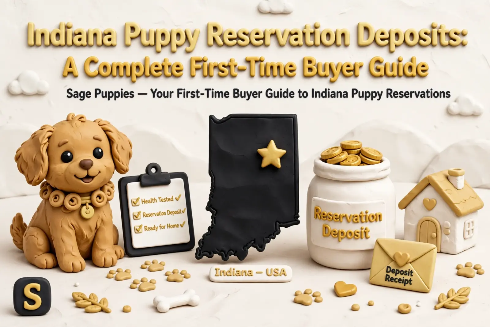 Claymation scene for Indiana puppy reservation deposits: a cute puppy, a map of Indiana, a jar of coins labeled "Reservation Deposit," and a small house. Text reads "Indiana - USA" and "Deposit Receipt.
