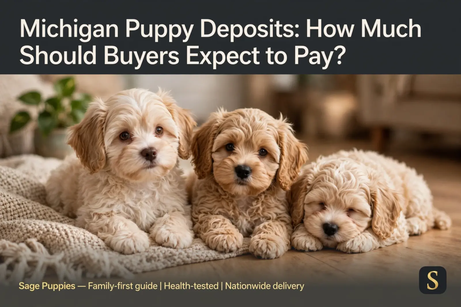 Three adorable, fluffy light brown and cream colored puppies lie on a textured blanket on a wooden floor. The text "Michigan Puppy Deposits: How Much Should Buyers Expect to Pay?" is visible at the top. "Sage Puppies - Family-first guide | Health-tested | Nationwide delivery" is at the bottom.