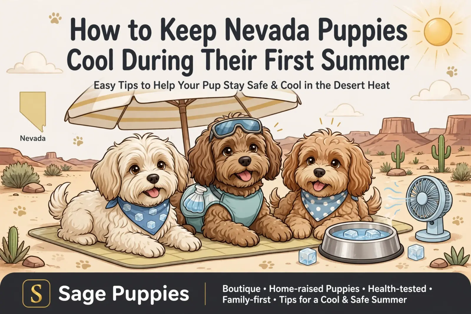 Three adorable puppies, two goldendoodles and one bichon frise mix, wearing bandanas and cooling vests, sit on a mat under a beach umbrella in a desert landscape. Text overlay reads "How to Keep Nevada Puppies Cool During Their First Summer".