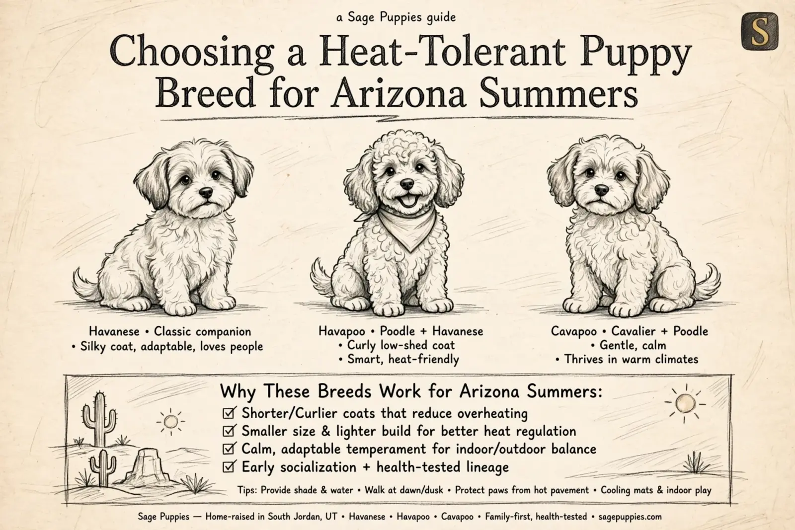 Choosing a Heat-Tolerant Puppy Breed for Arizona Summers: Three fluffy Havanese, Cavapoo, and Cavapoo + Poodle puppies sit in a desert landscape under a bright sun. Text highlights breed traits and tips for hot weather.