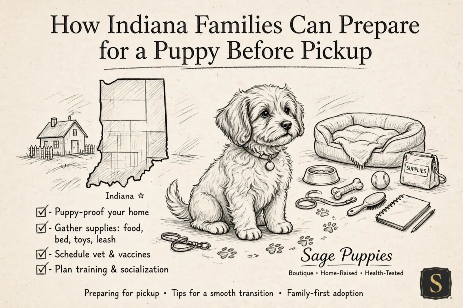 Illustration for "How Indiana Families Can Prepare for a Puppy Before Pickup," showing a cute puppy with supplies, a sketch of Indiana, and bullet points for preparation.