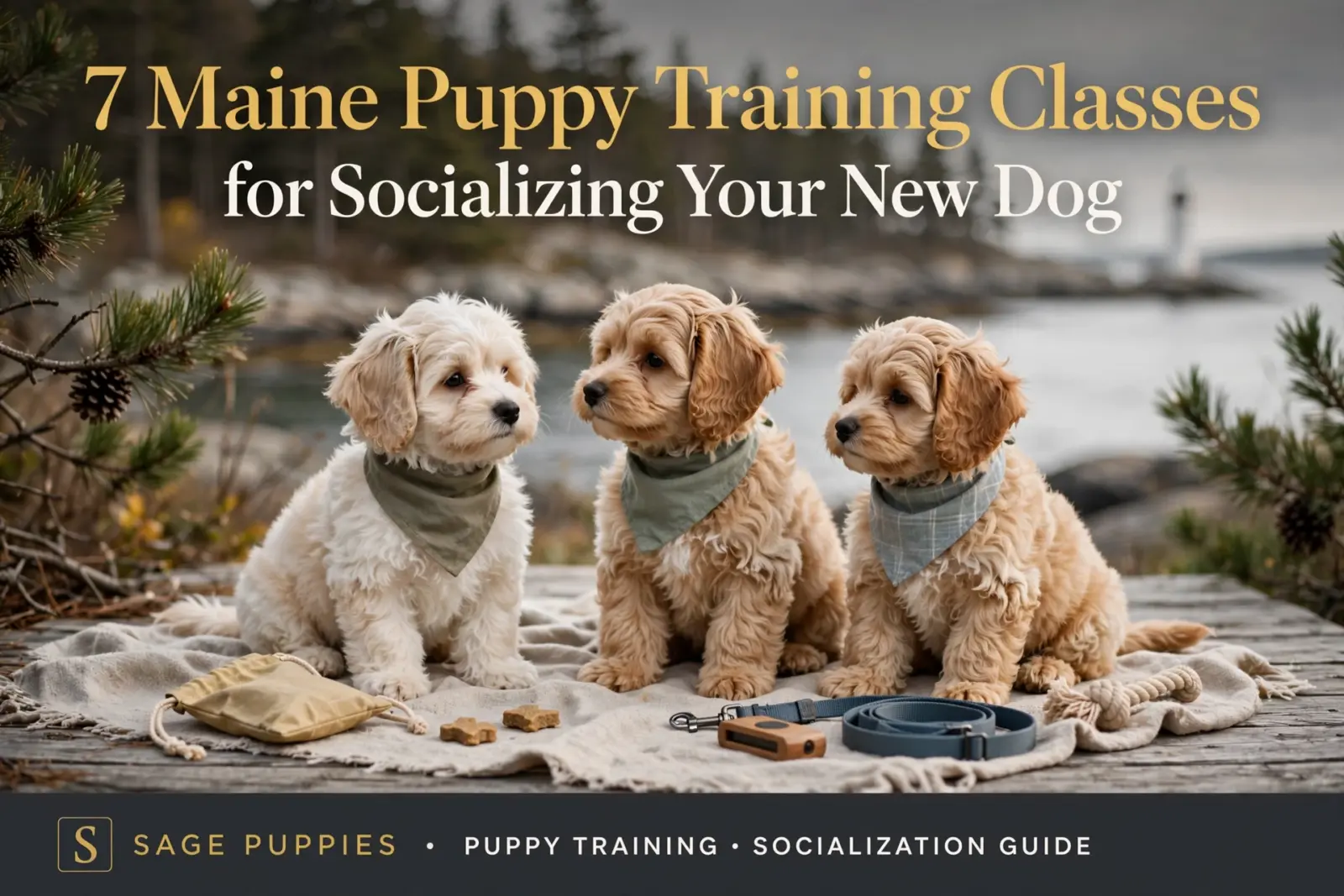Three adorable, fluffy golden doodle puppies wearing bandanas sit on a rustic wooden dock in Maine, ready for puppy training and socialization classes.