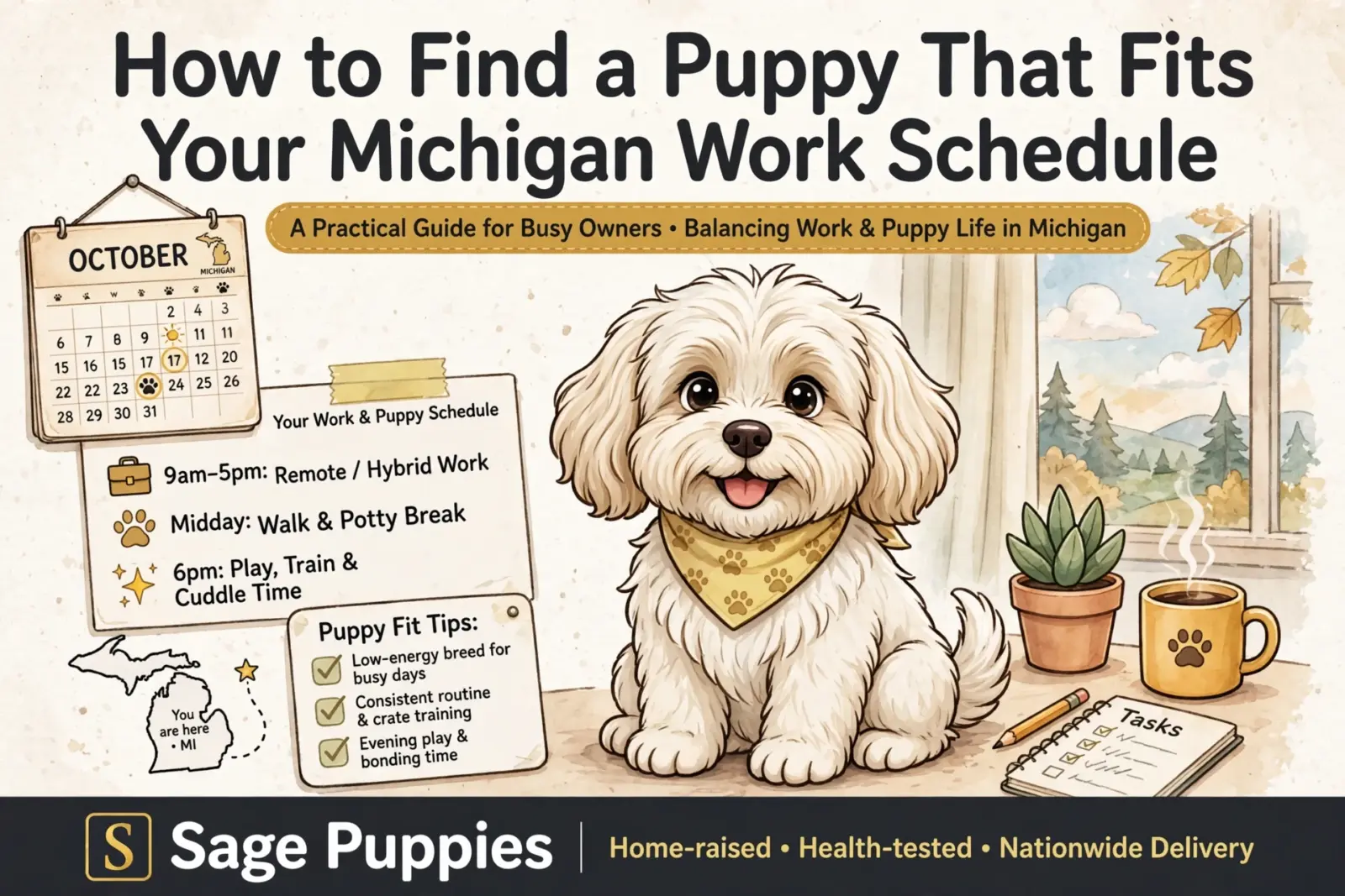 A fluffy white dog with a bandana sits by a window, with a calendar, notes about a "Puppy Fit" and work schedule, and a cup of coffee on a desk. The image is about finding a puppy that fits your Michigan work schedule.
