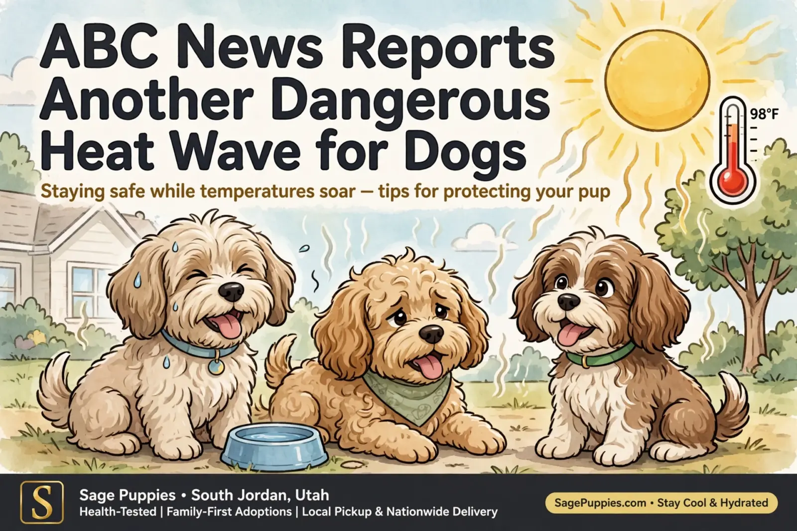 Three adorable puppies sit outside in the heat, with a thermometer showing 98°F. The text reads "ABC News Reports Another Dangerous Heat Wave for Dogs.