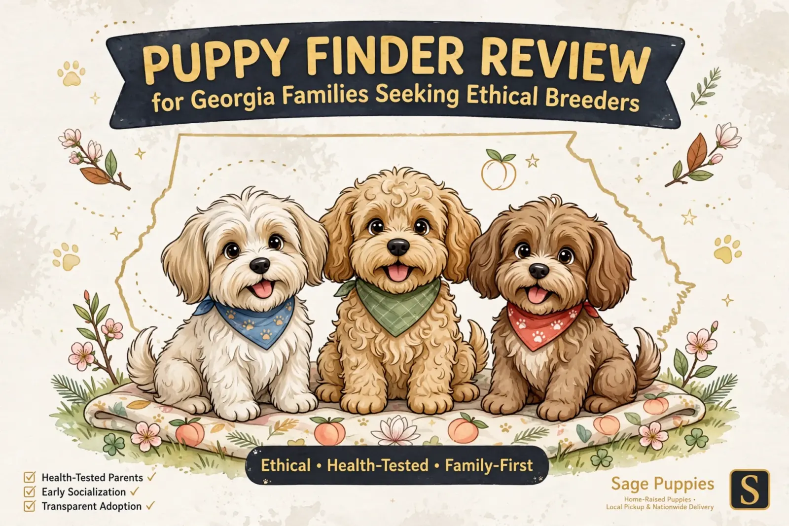 Puppy Finder Review for Georgia Families: Three adorable, fluffy puppies sit on a floral blanket, wearing bandanas. Text highlights ethical breeders, health-tested parents, early socialization, and transparent adoption from Sage Puppies.