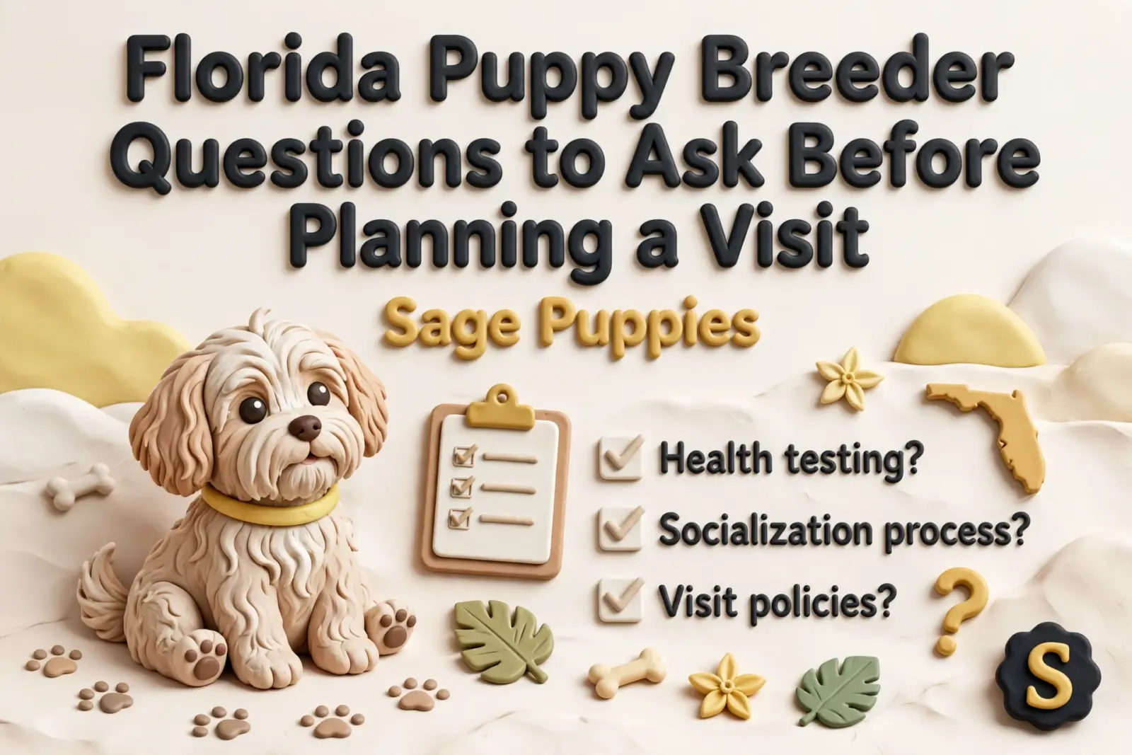 Claymation illustration of a cute fluffy puppy sitting next to a checklist asking "Health testing?", "Socialization process?", and "Visit policies?". Text reads "Florida Puppy Breeder Questions to Ask Before Planning a Visit" and "Sage Puppies".