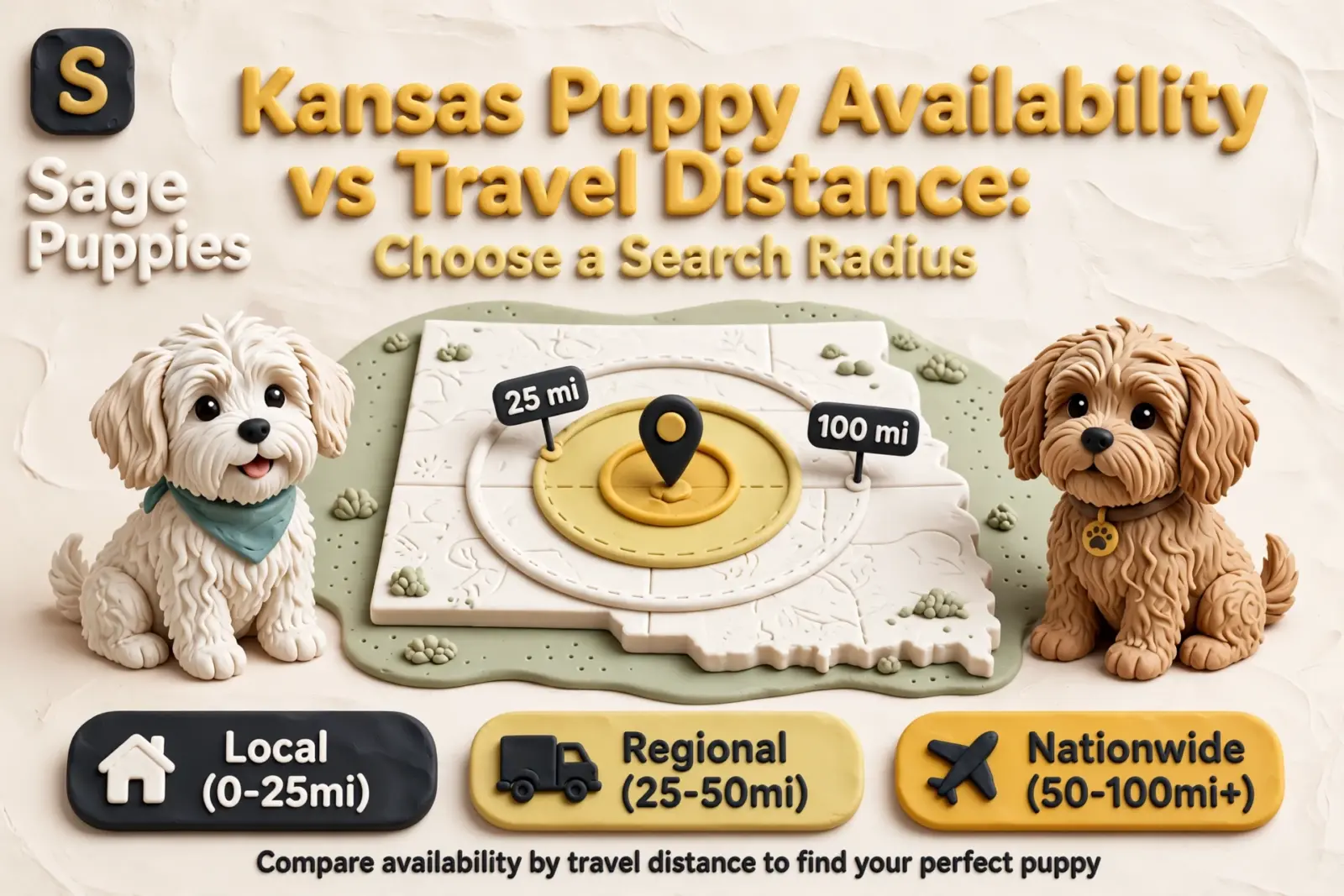 Claymation illustration showing Kansas puppy availability vs. travel distance. Two cute puppies, one white and one brown, sit beside a map of Kansas with concentric circles indicating 25 mi and 100 mi search radii. Options are Local (0-25mi), Regional (25-50mi), and Nationwide (50-100mi+).