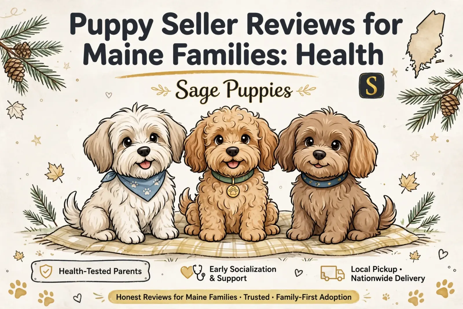 Three adorable, fluffy puppies, a white, a tan, and a brown, sit on a plaid blanket under a banner that reads "Puppy Seller Reviews for Maine Families: Health. Sage Puppies.