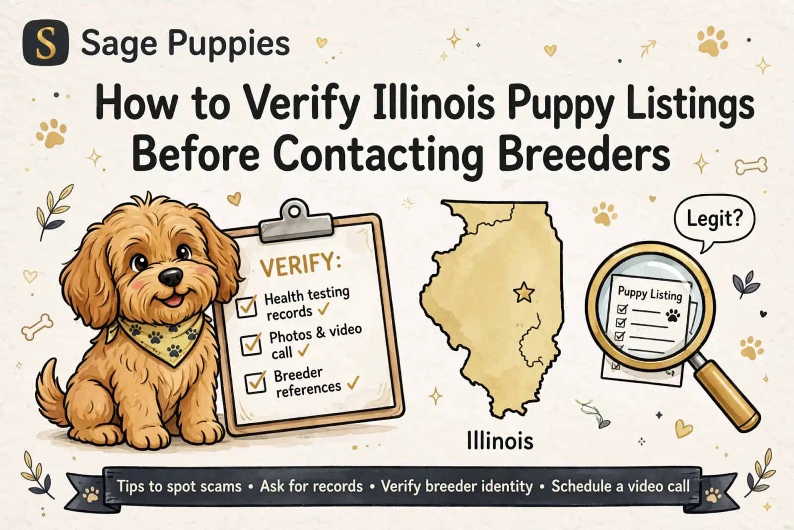 Cute cartoon puppy sitting next to a clipboard with a checklist for verifying Illinois puppy listings, with a map of Illinois and a magnifying glass over a "Puppy Listing" document.
