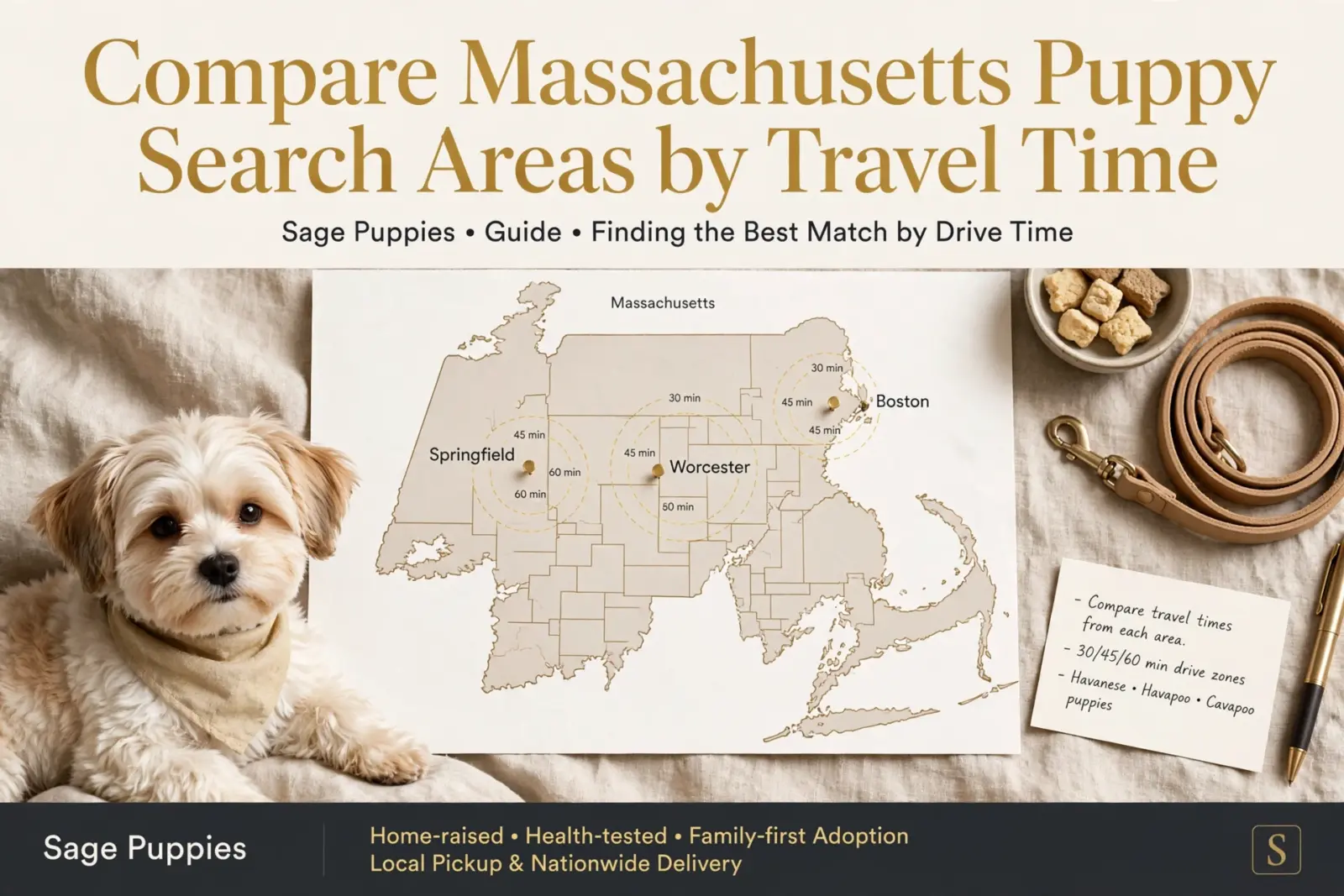 A fluffy, light-colored puppy with a bandana lies next to a map of Massachusetts showing travel times to compare puppy search areas, with keywords "Sage Puppies" and "Drive Time" visible.