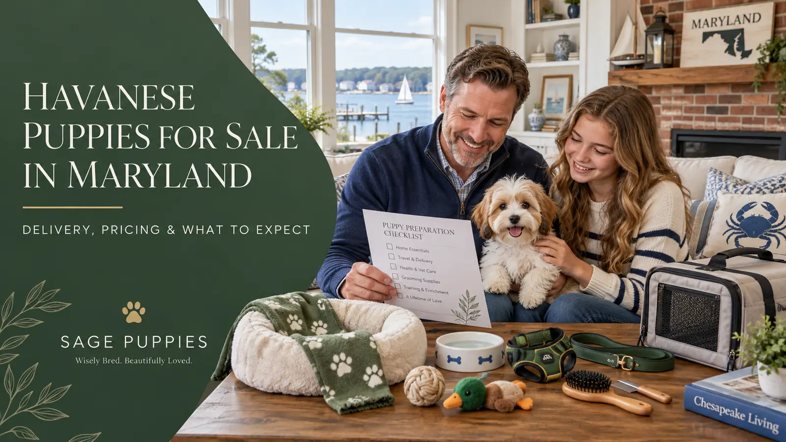 Father and teenage daughter preparing their Maryland home for a white-and-caramel Havanese puppy.