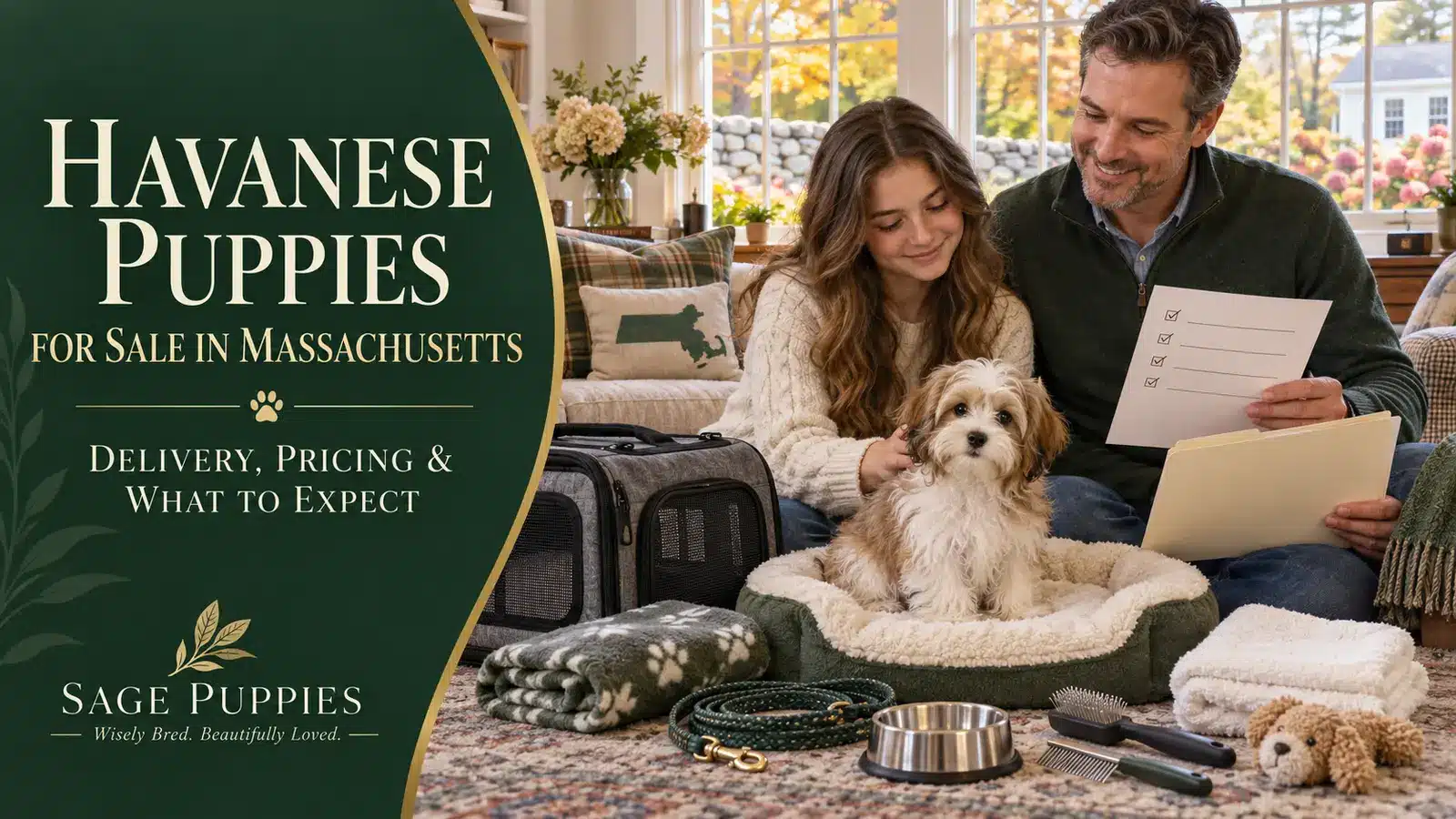 Father and teenage daughter preparing their Massachusetts home for a white-and-caramel Havanese puppy.