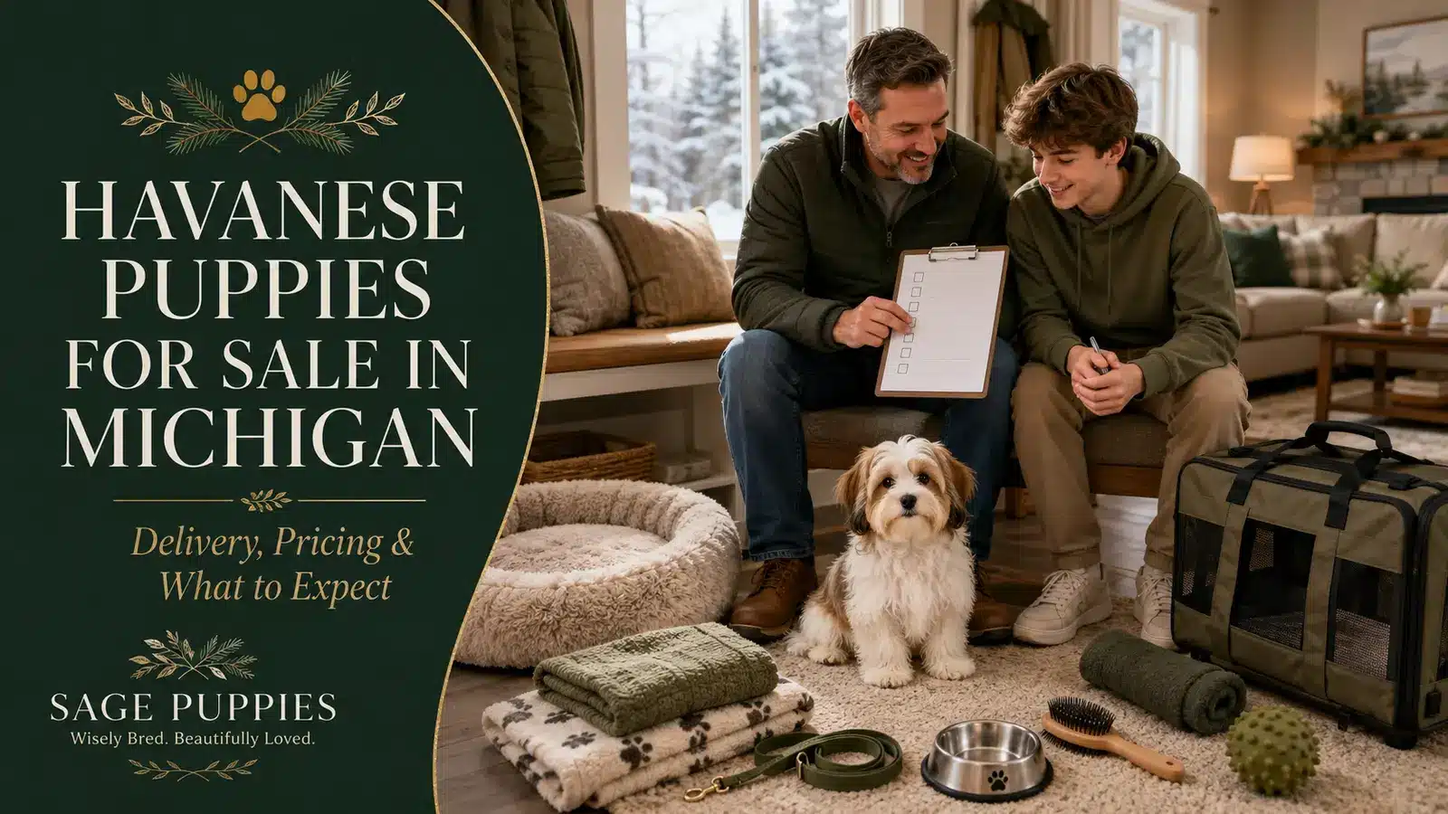 Father and teenage son preparing their Michigan home for a white-and-caramel Havanese puppy with delivery supplies.