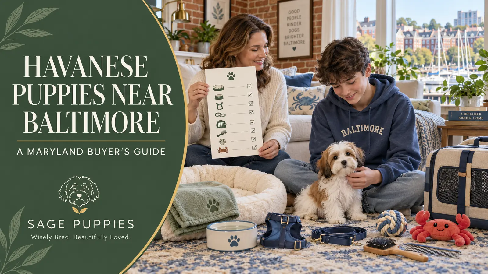 Mother and teenage son preparing their Baltimore rowhouse for a white-and-caramel Havanese puppy.