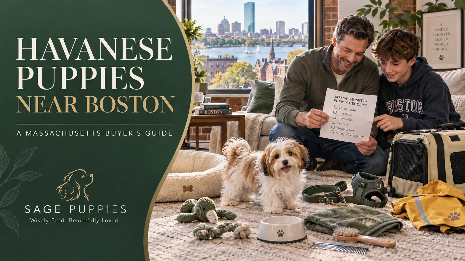 Father and teenage son preparing their Boston condo for a white-and-caramel Havanese puppy.