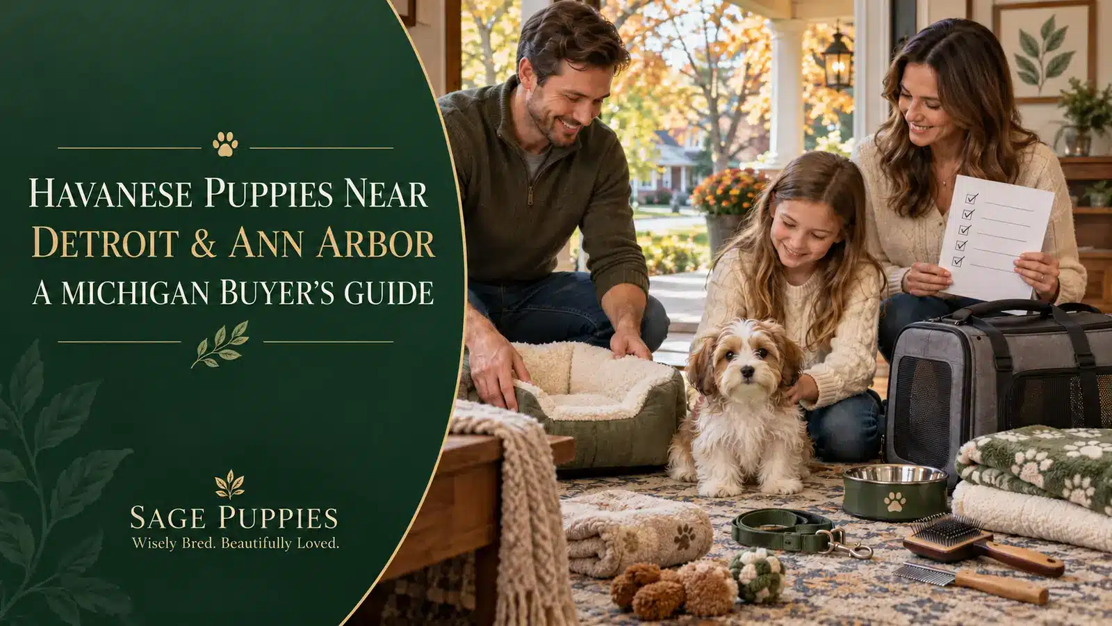 A happy family with a Havanese puppy in their home, surrounded by puppy supplies. Text overlay reads "Havanese Puppies Near Detroit & Ann Arbor: A Michigan Buyer's Guide.