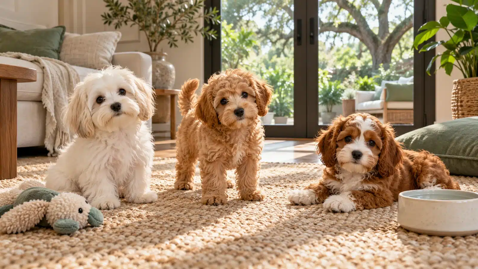 Three small puppies with different coats near a toy and water bowl in a bright home
