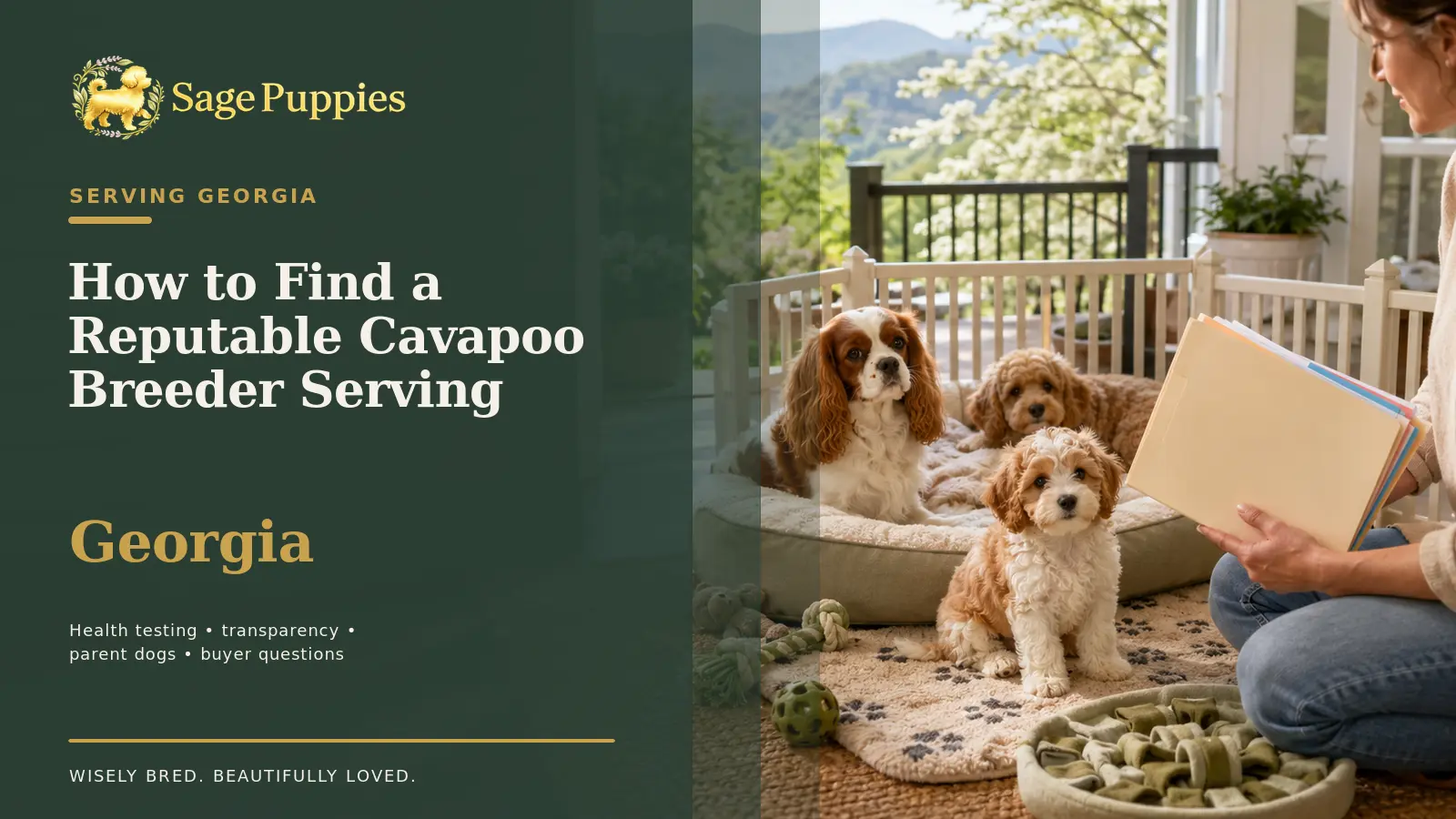 Cavapoo puppy with Cavalier and Poodle parent breeds in a clean home-raised setting as a caregiver reviews records.