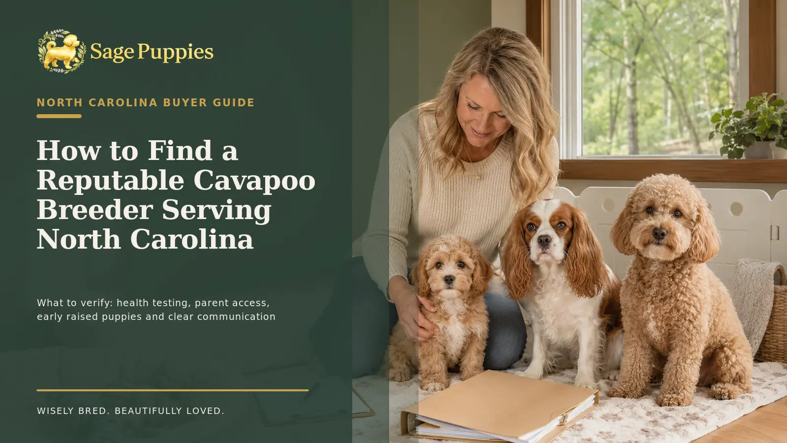 Woman with a Cavapoo puppy, Cavalier King Charles Spaniel, and Poodle beside health records in a home-raising area.