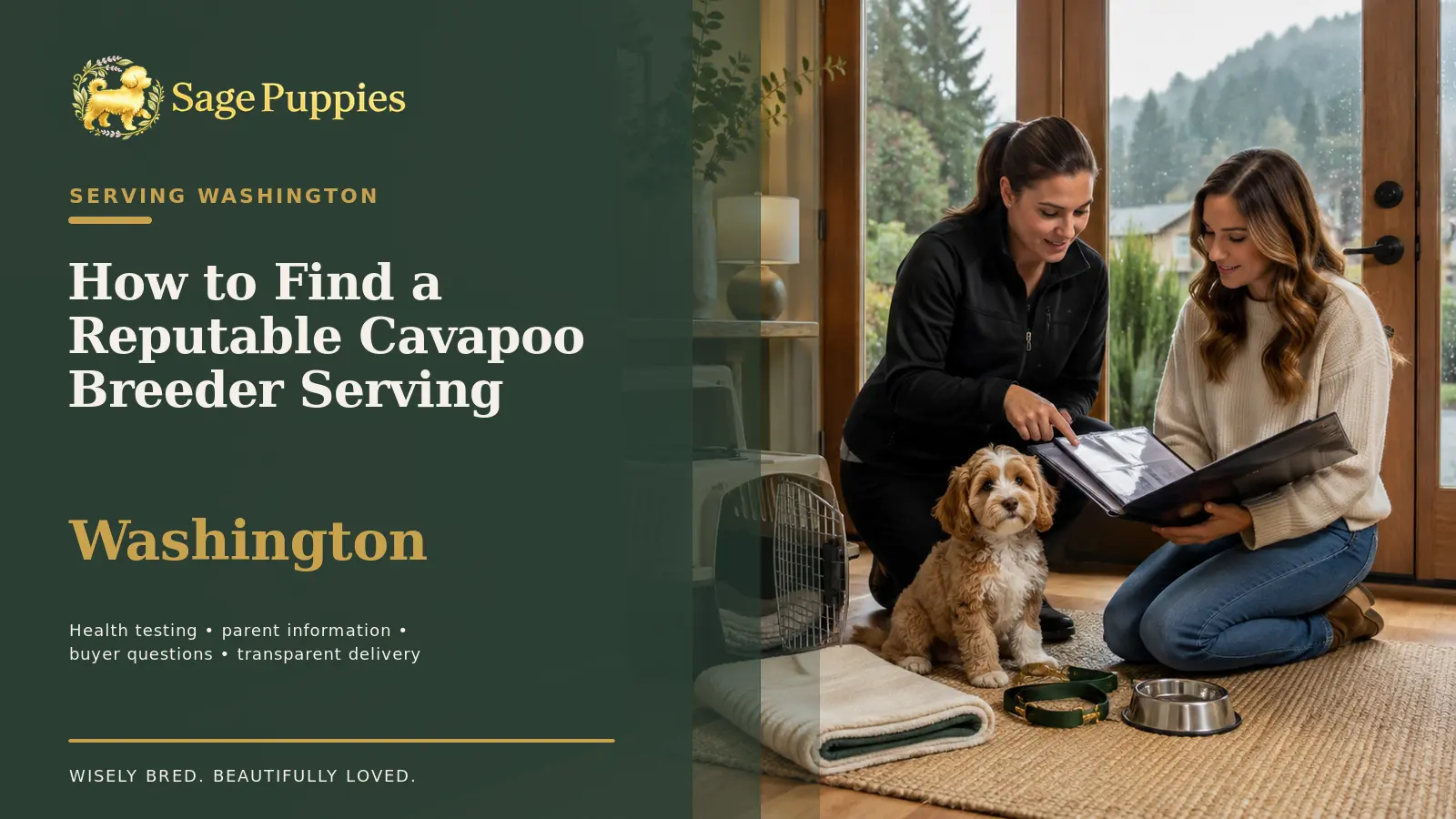 Buyer reviewing veterinary and identification records before welcoming a Cavapoo puppy at her Washington home.