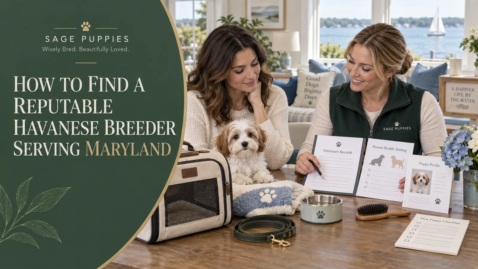 Buyer reviewing veterinary and health-testing records with a Havanese puppy and puppy-care representative.