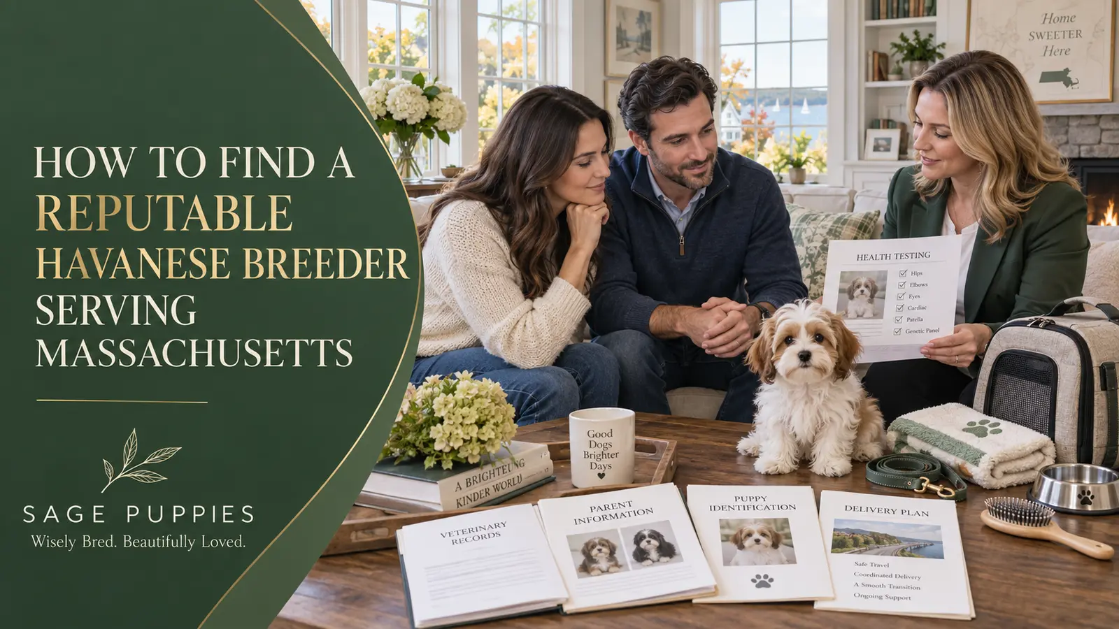 Massachusetts couple reviewing Havanese health-testing documents with a puppy-care representative in their home.