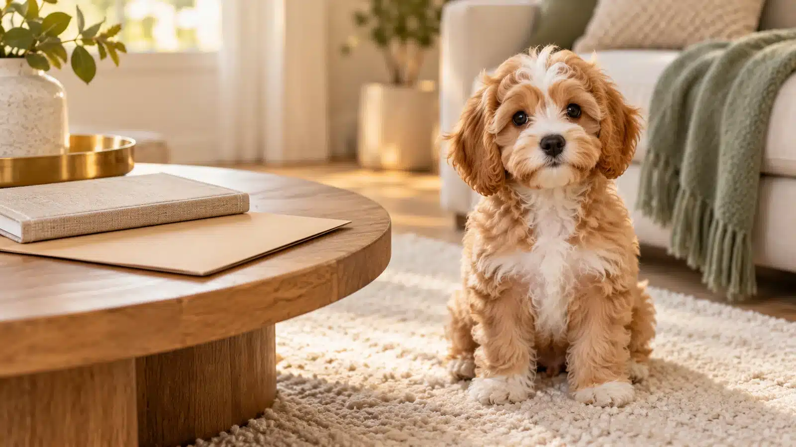 Apricot and white small puppy beside a notebook and folder in a warm living room