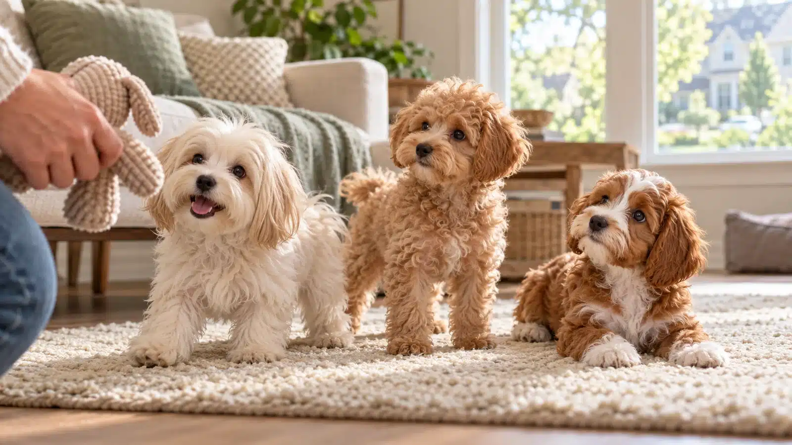 Three small puppies with cream, apricot, and chestnut coats playing near a family member in a bright living room