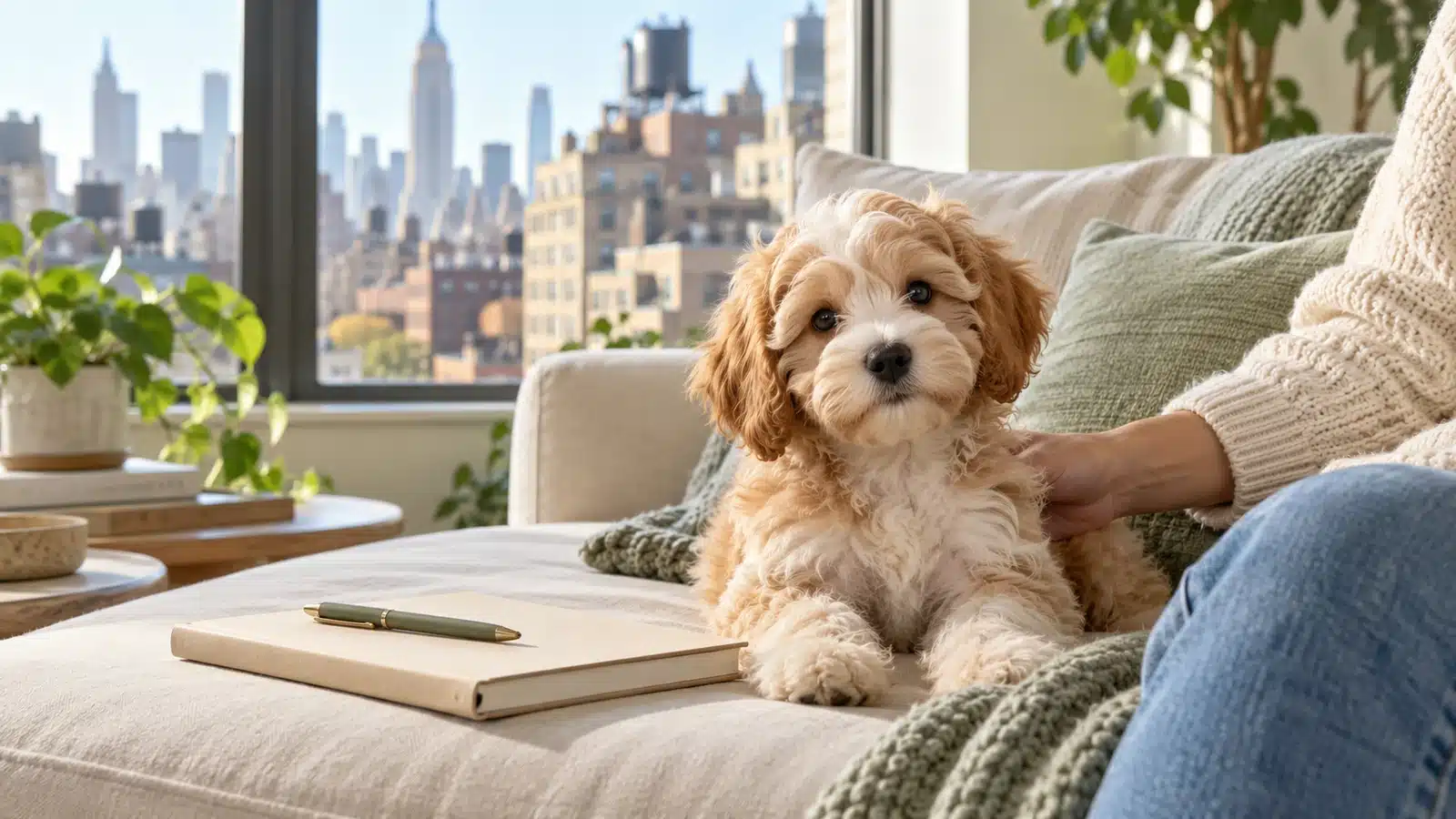 Small cream and apricot puppy beside a notebook in a bright apartment with a New York City view