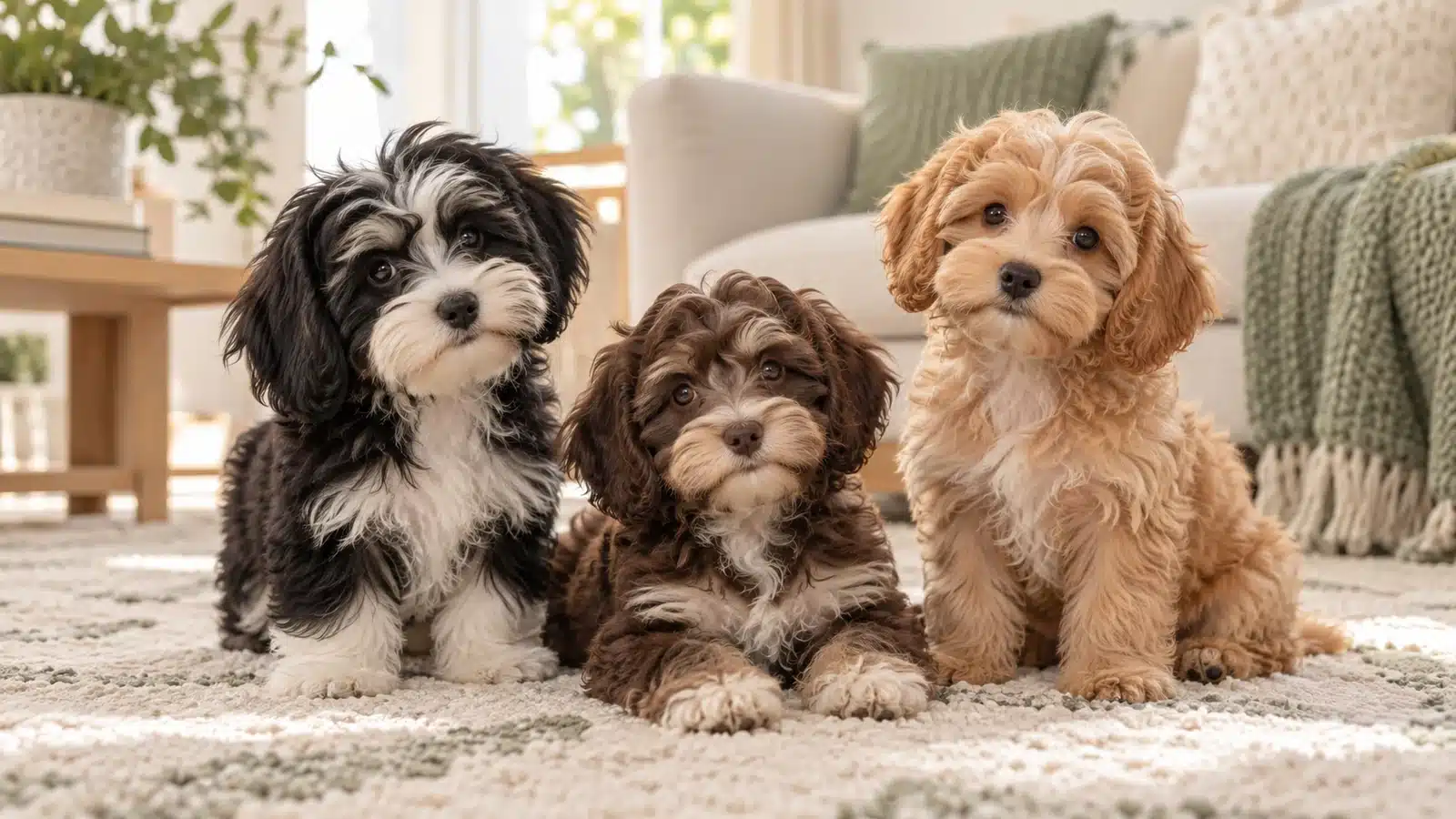 Three small puppies with black-and-white, chocolate-and-cream, and apricot coats sitting together