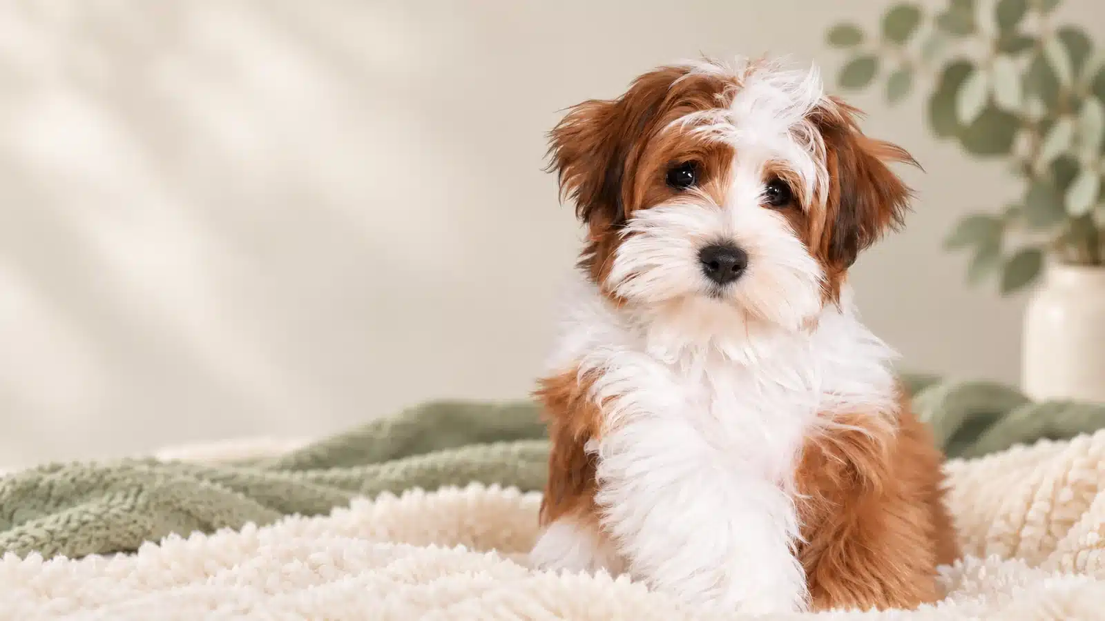 Red and white Havapoo puppy resting on a cream blanket