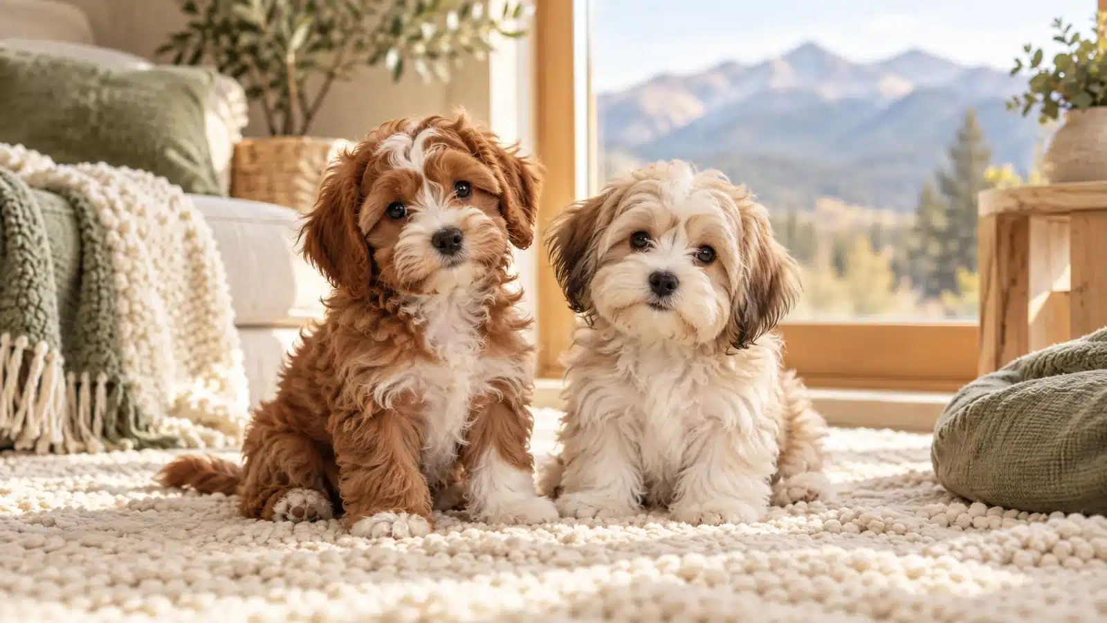 Two small puppies sitting on a cream rug with mountains visible through a window
