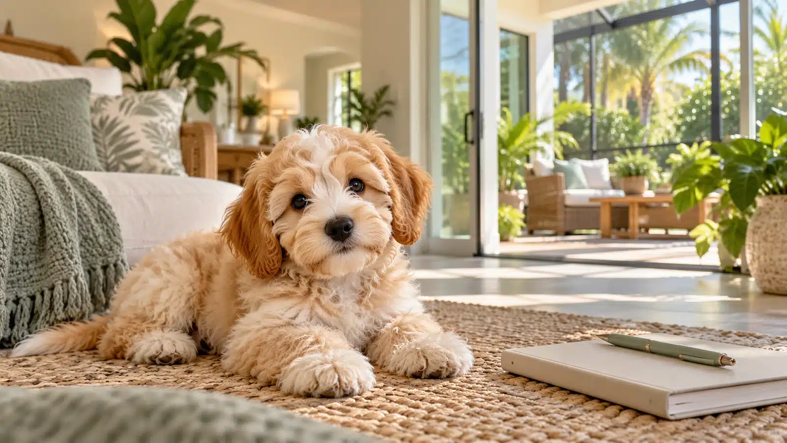 Cream and apricot puppy resting beside a notebook in a bright home with a screened patio